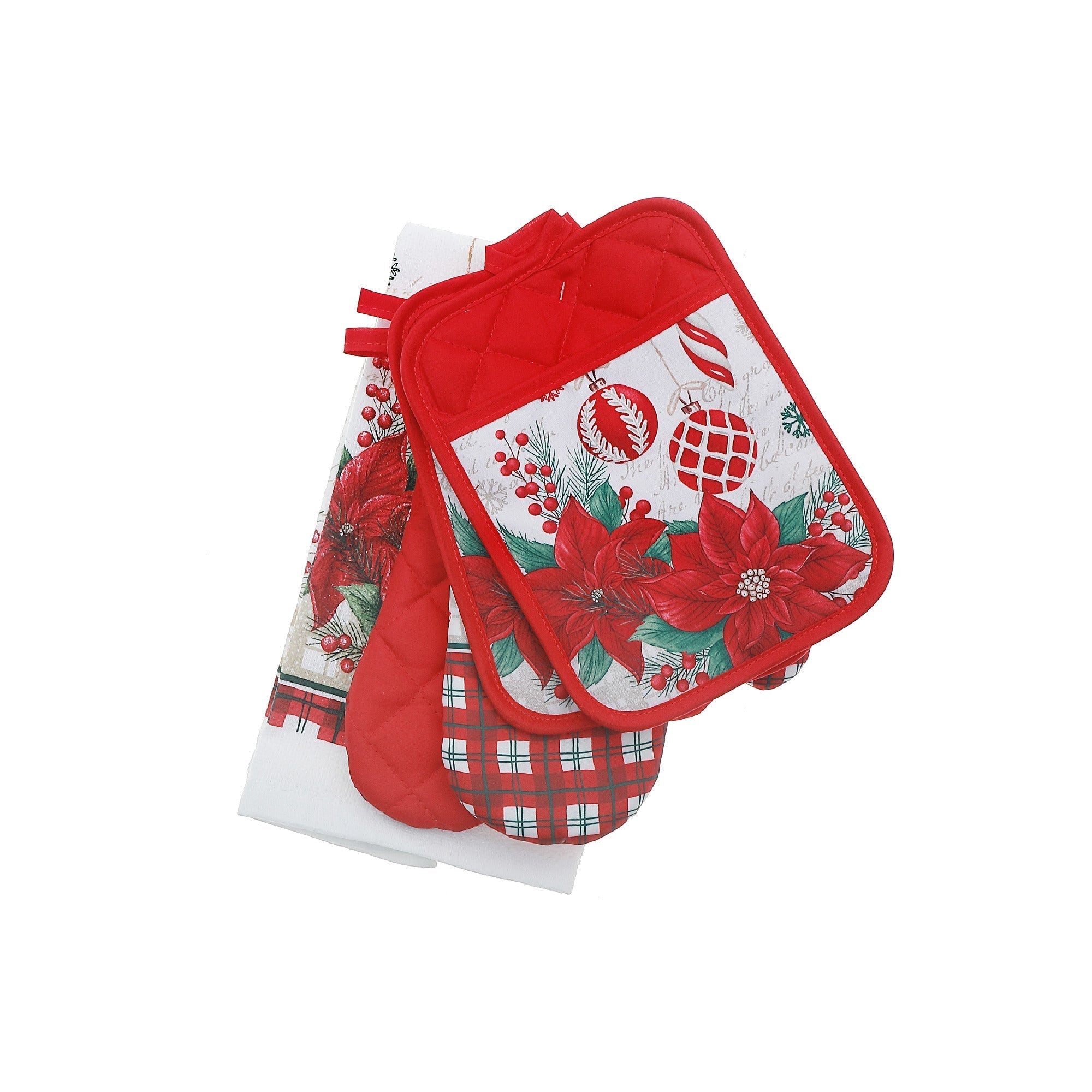 5-Piece Kitchen Set Poinsettia with Ornaments – Christmas Kitchen Linens, Holiday Cooking & Baking Accessory, Festive Table Decor
