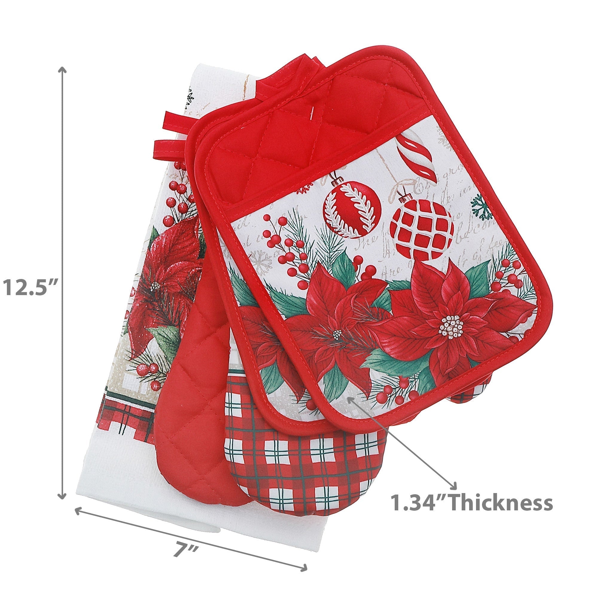 5-Piece Kitchen Set Poinsettia with Ornaments – Christmas Kitchen Linens, Holiday Cooking & Baking Accessory, Festive Table Decor