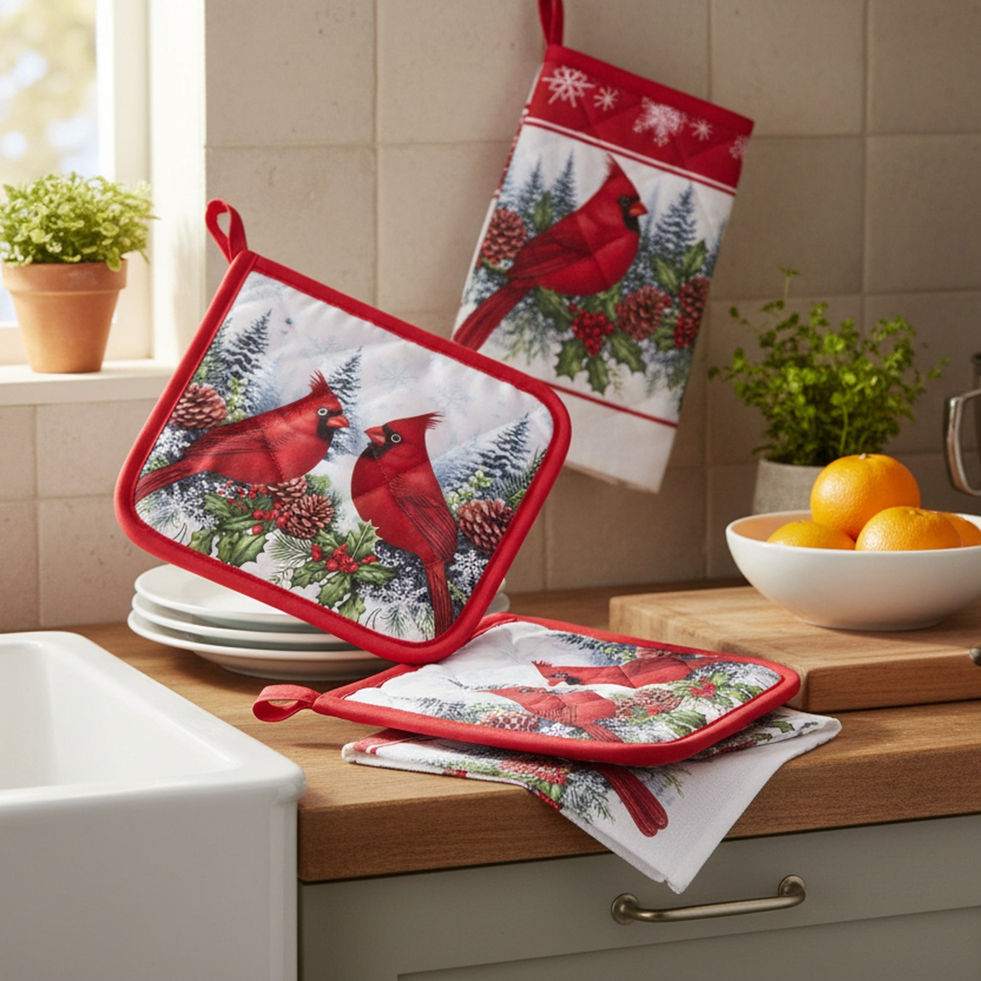5 Piece Kitchen Set Double Cardinal, Christmas, Holiday Decor