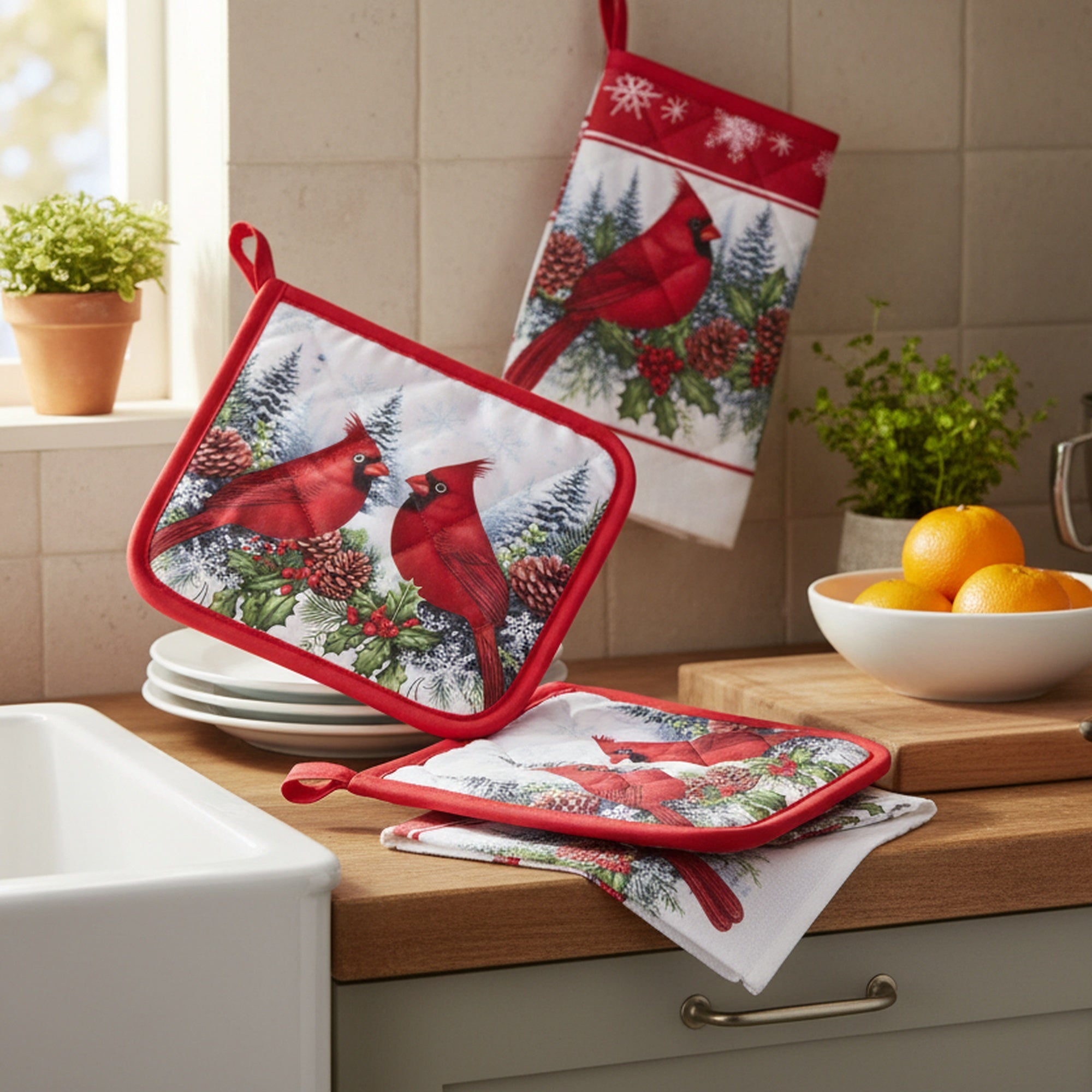5 Piece Kitchen Set Double Cardinal, Christmas, Holiday Decor