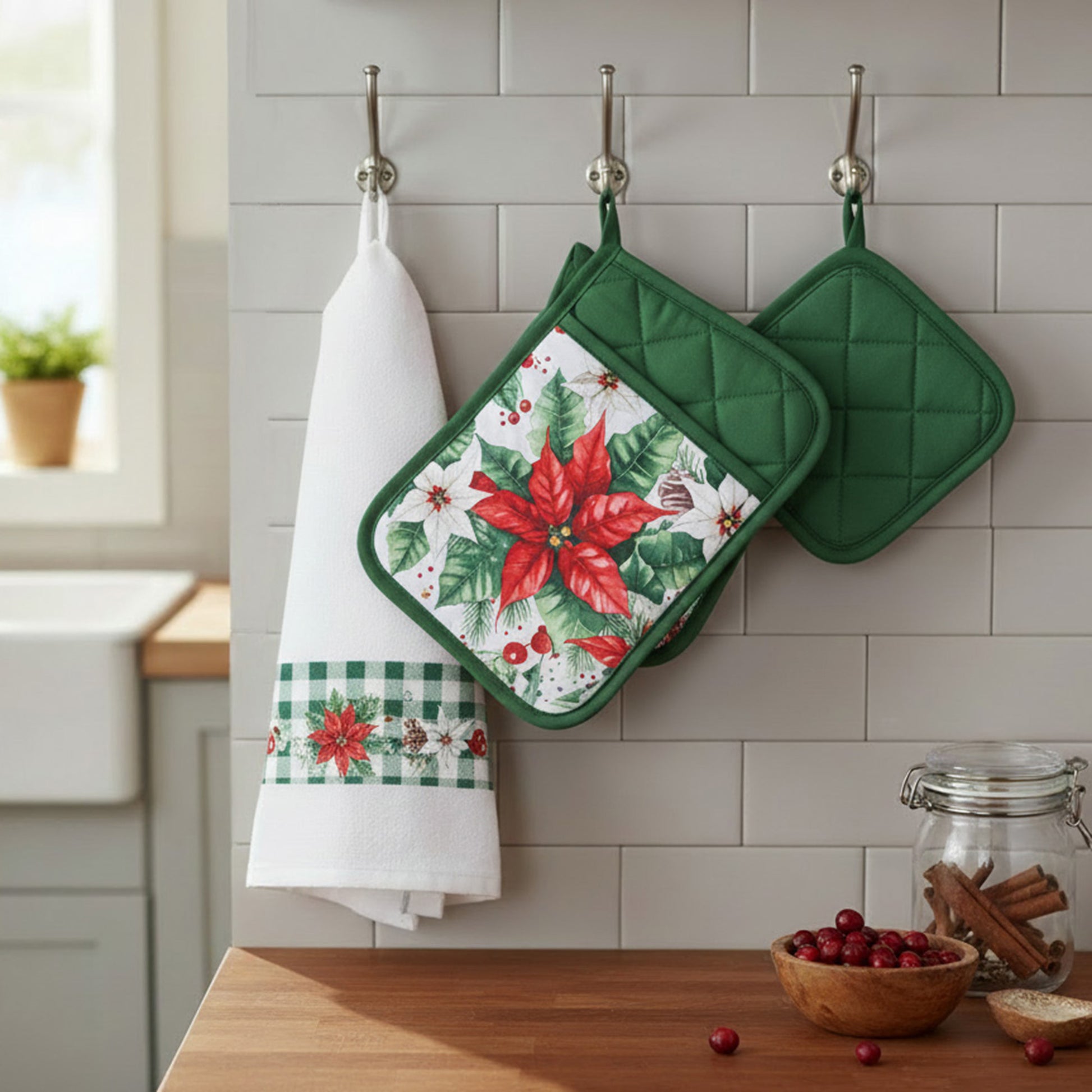 5 Piece Kitchen Set Blooming Poinsettia, Christmas, Holiday Decor