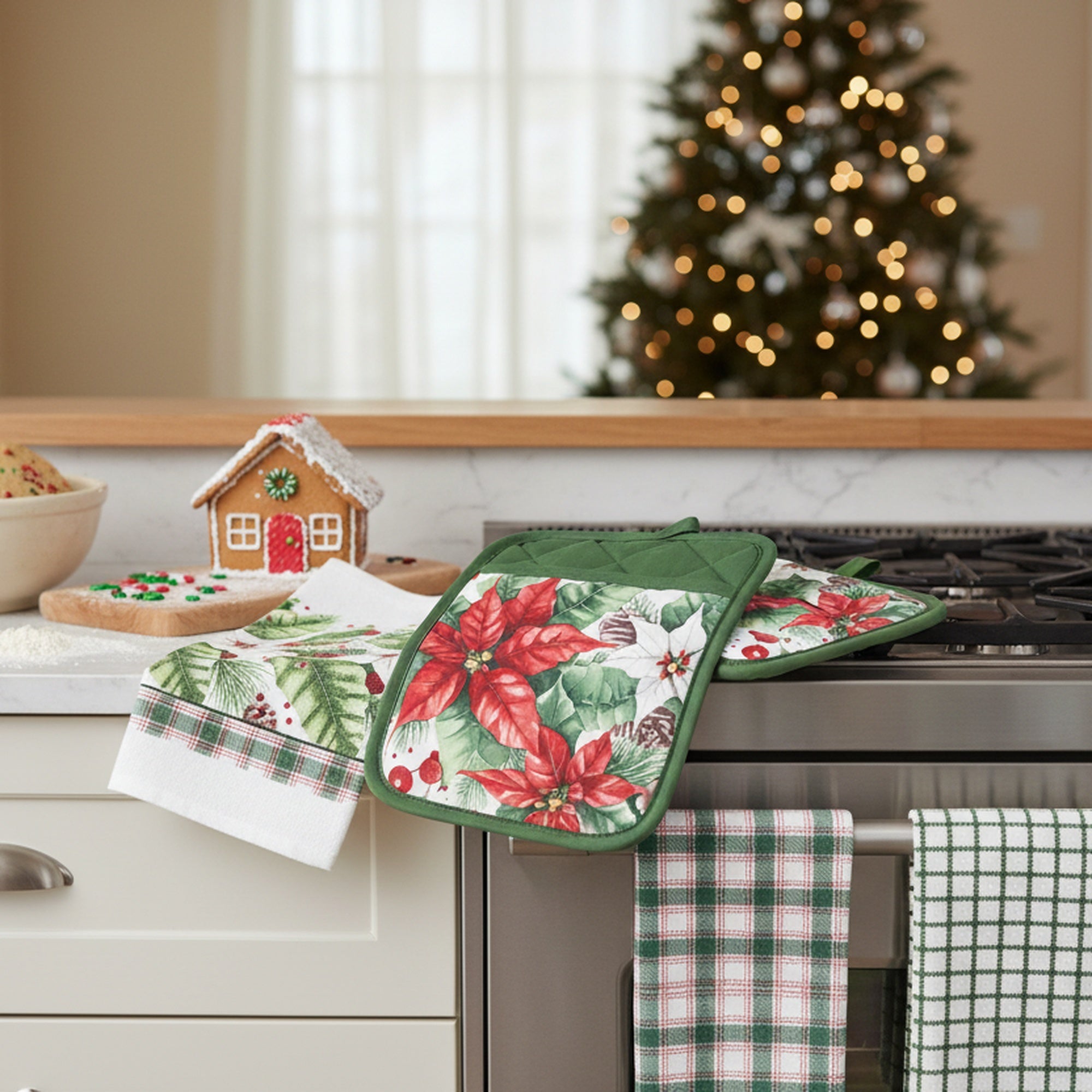 5 Piece Kitchen Set Blooming Poinsettia, Christmas, Holiday Decor