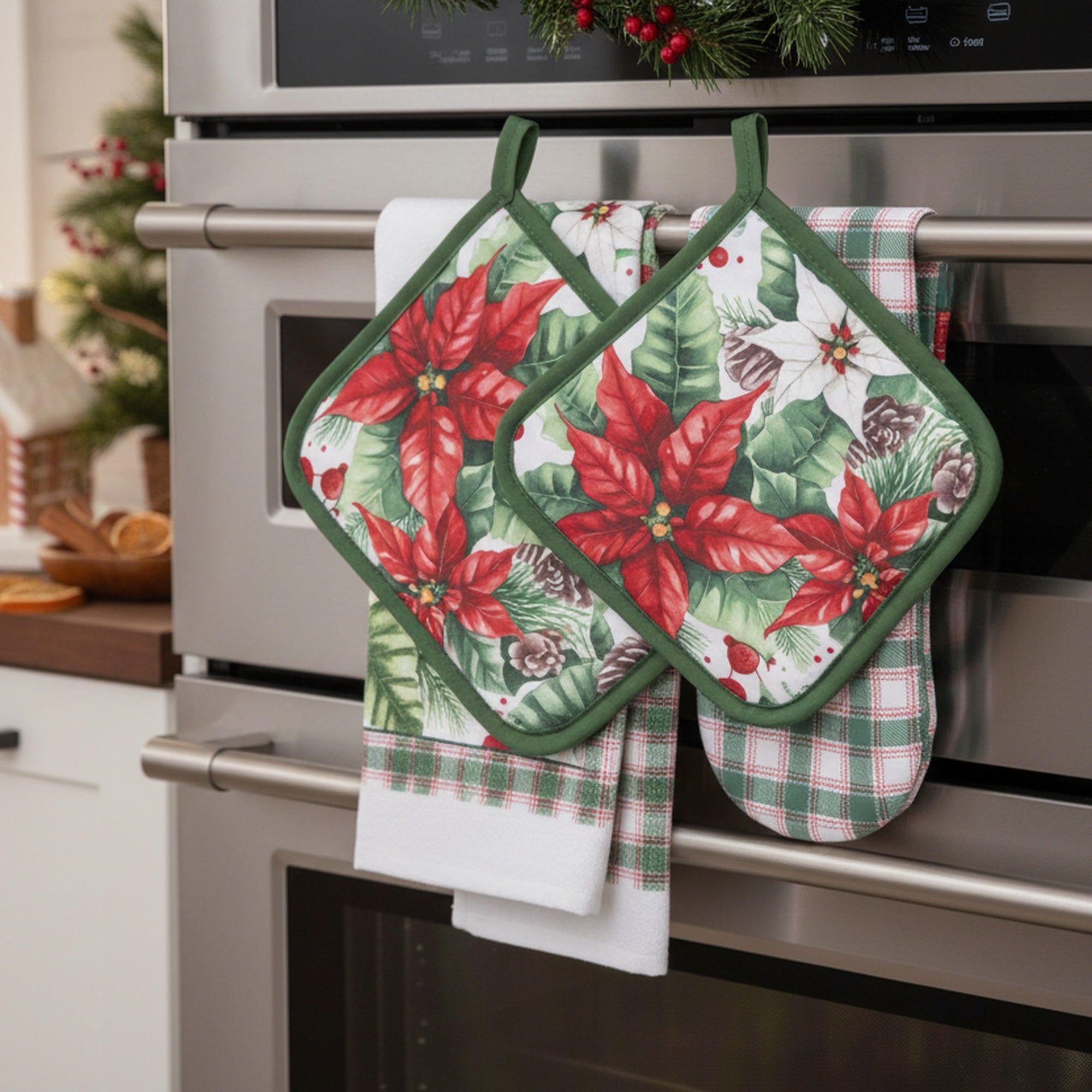 5 Piece Kitchen Set Blooming Poinsettia, Christmas, Holiday Decor