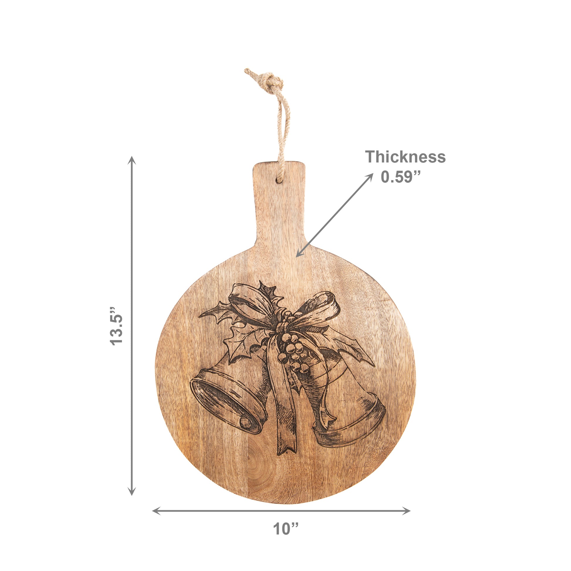 10" Mango Wood Round Etched Cheese Board Bells With Ribbon, Serving Tray, Holiday Decor