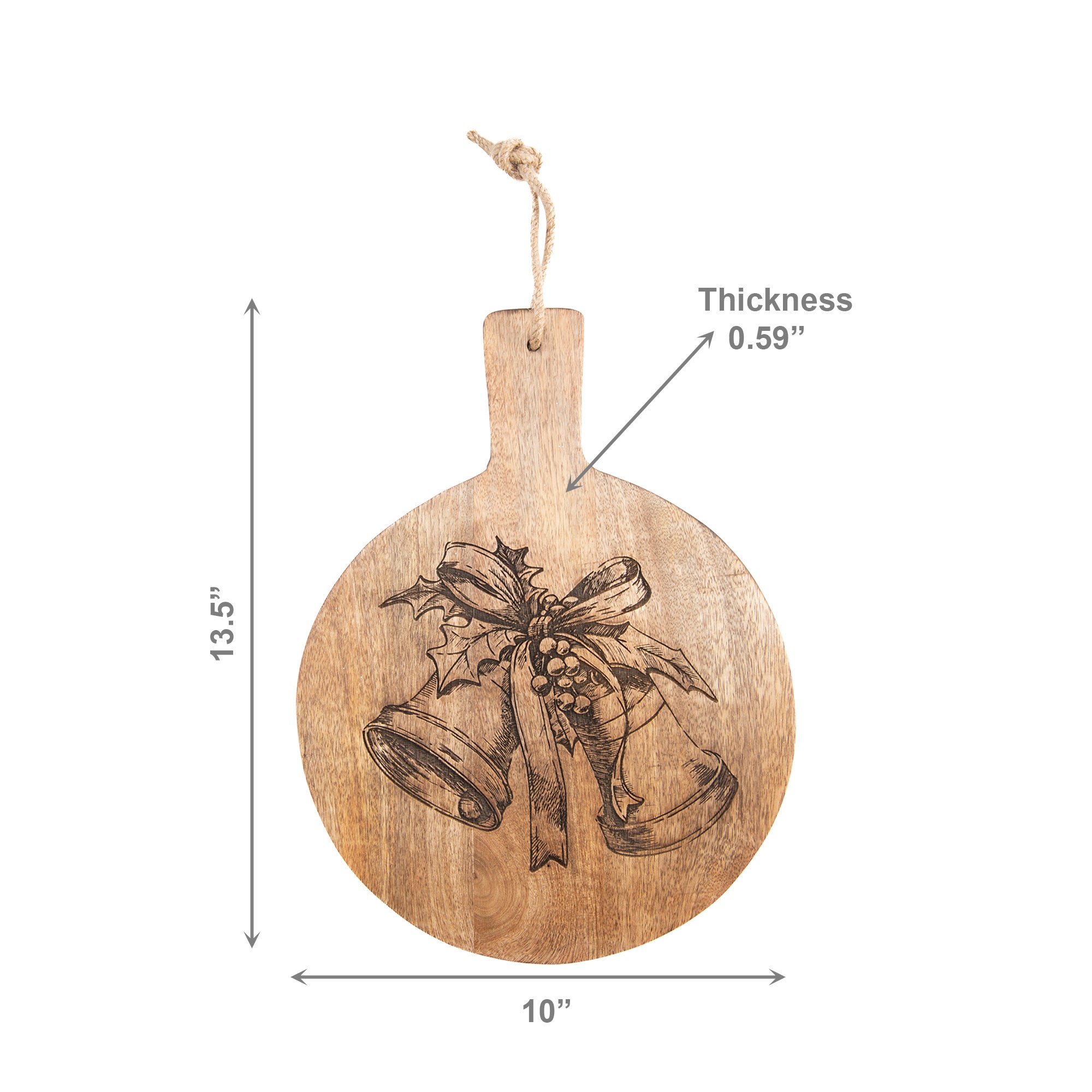 10" Mango Wood Round Etched Cheese Board Bells With Ribbon, Serving Tray, Holiday Decor