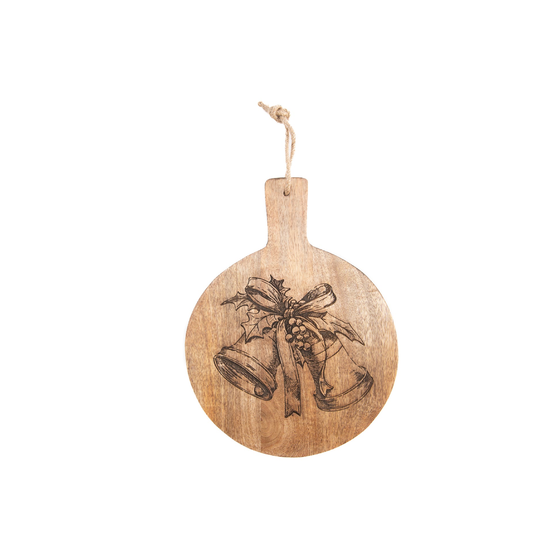 10" Mango Wood Round Etched Cheese Board Bells With Ribbon, Serving Tray, Holiday Decor