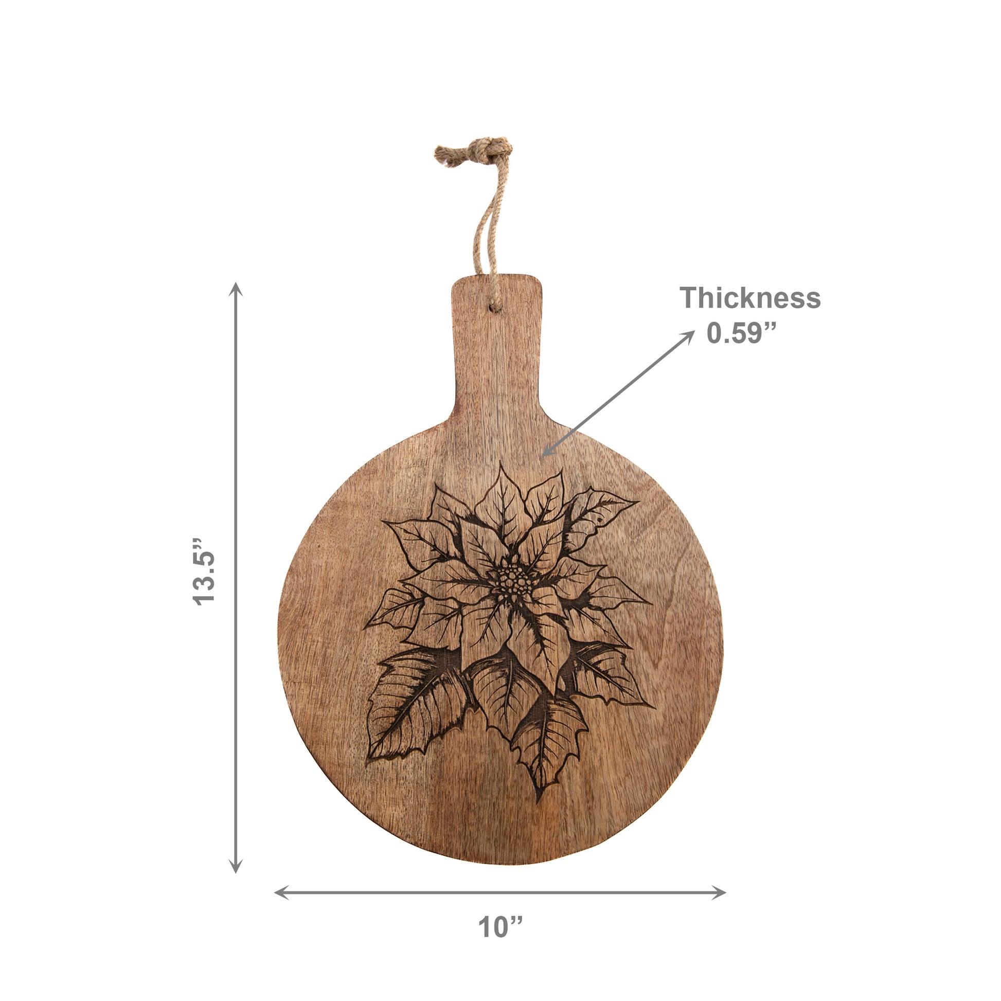 10" Mango Wood Round Etched Cheese Board Poinsettia, Christmas, Serving Tray, Holiday Decor