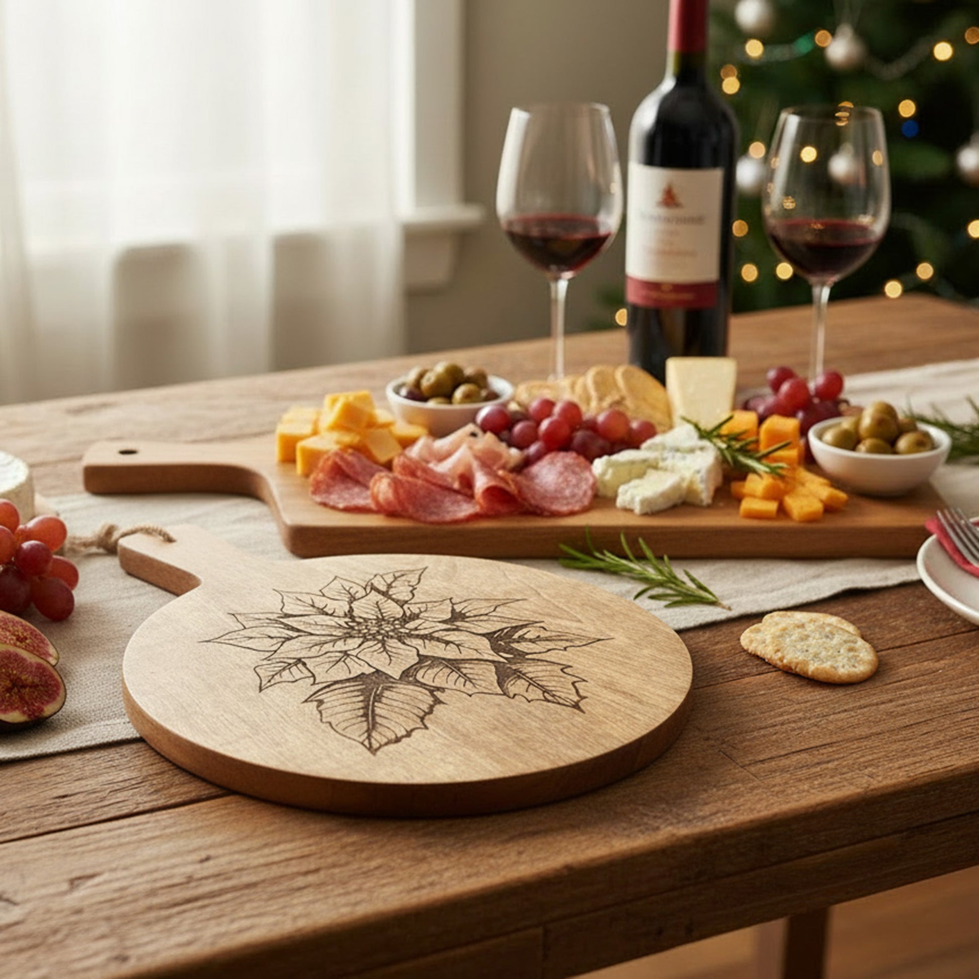 10" Mango Wood Round Etched Cheese Board Poinsettia, Christmas, Serving Tray, Holiday Decor
