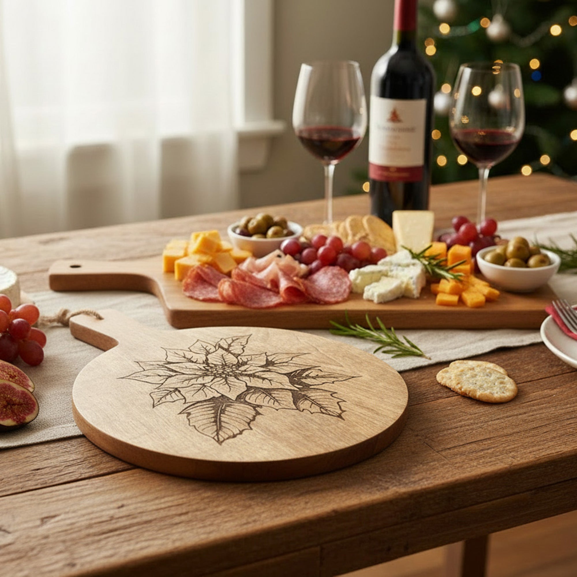 10" Mango Wood Round Etched Cheese Board Poinsettia, Christmas, Serving Tray, Holiday Decor