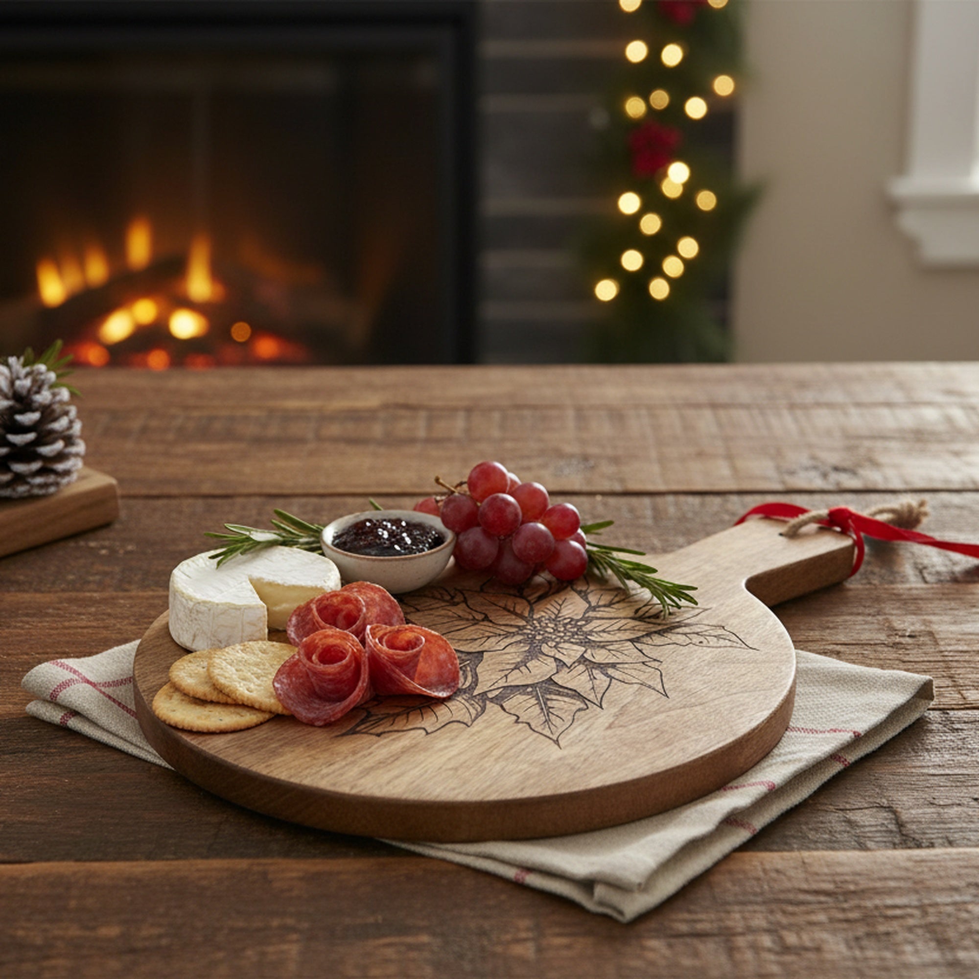 10" Mango Wood Round Etched Cheese Board Poinsettia, Christmas, Serving Tray, Holiday Decor