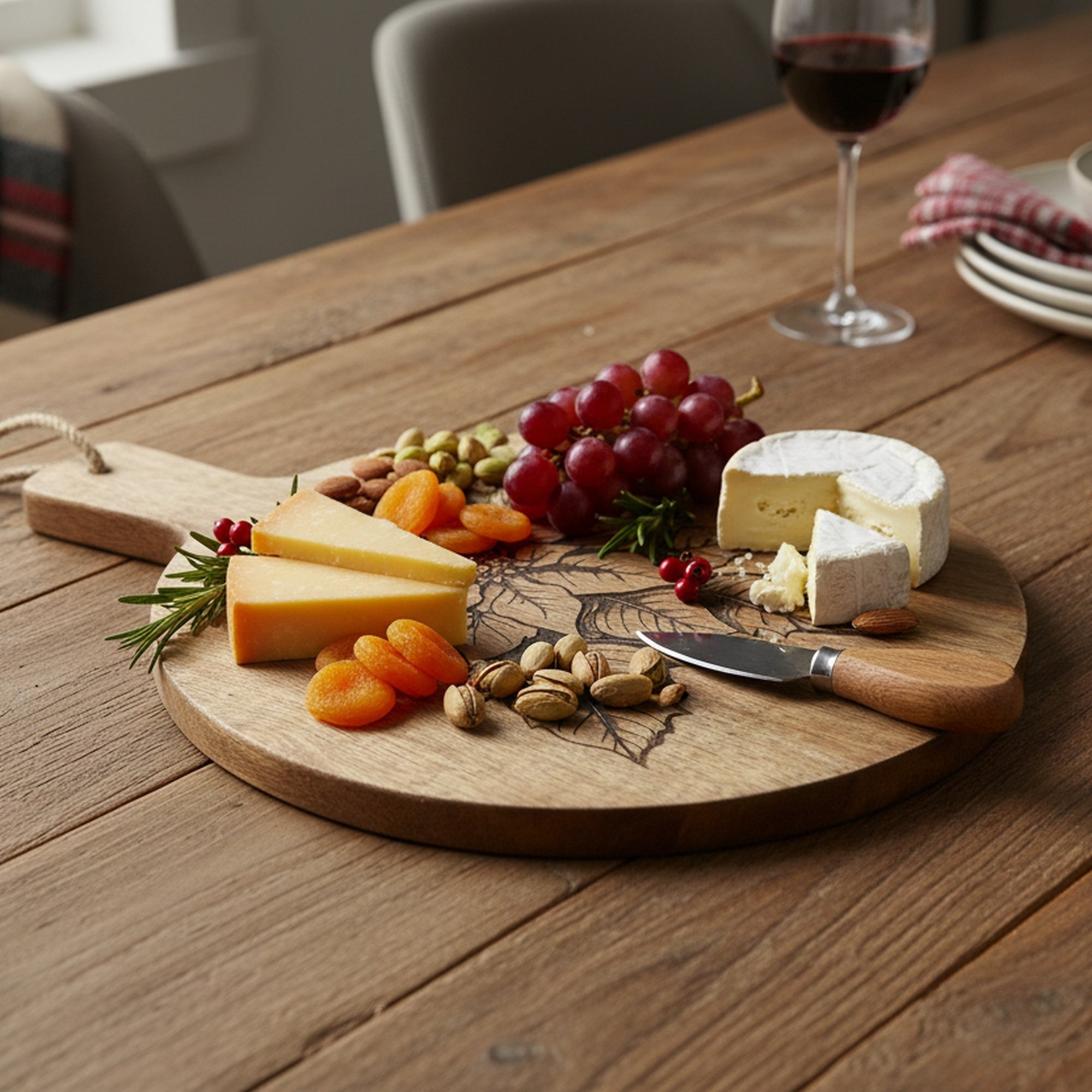 10" Mango Wood Round Etched Cheese Board Poinsettia, Christmas, Serving Tray, Holiday Decor