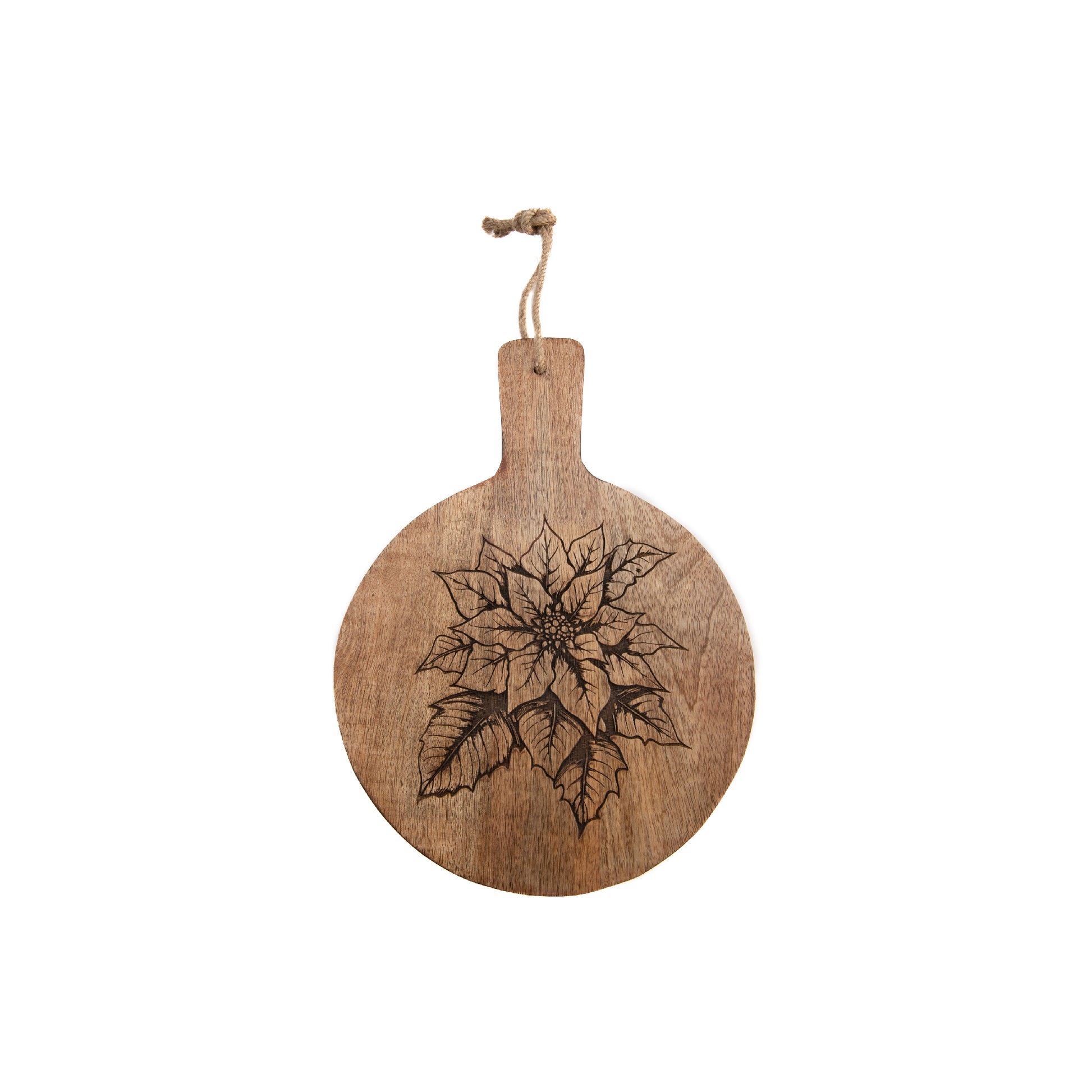 10" Mango Wood Round Etched Cheese Board Poinsettia, Christmas, Serving Tray, Holiday Decor