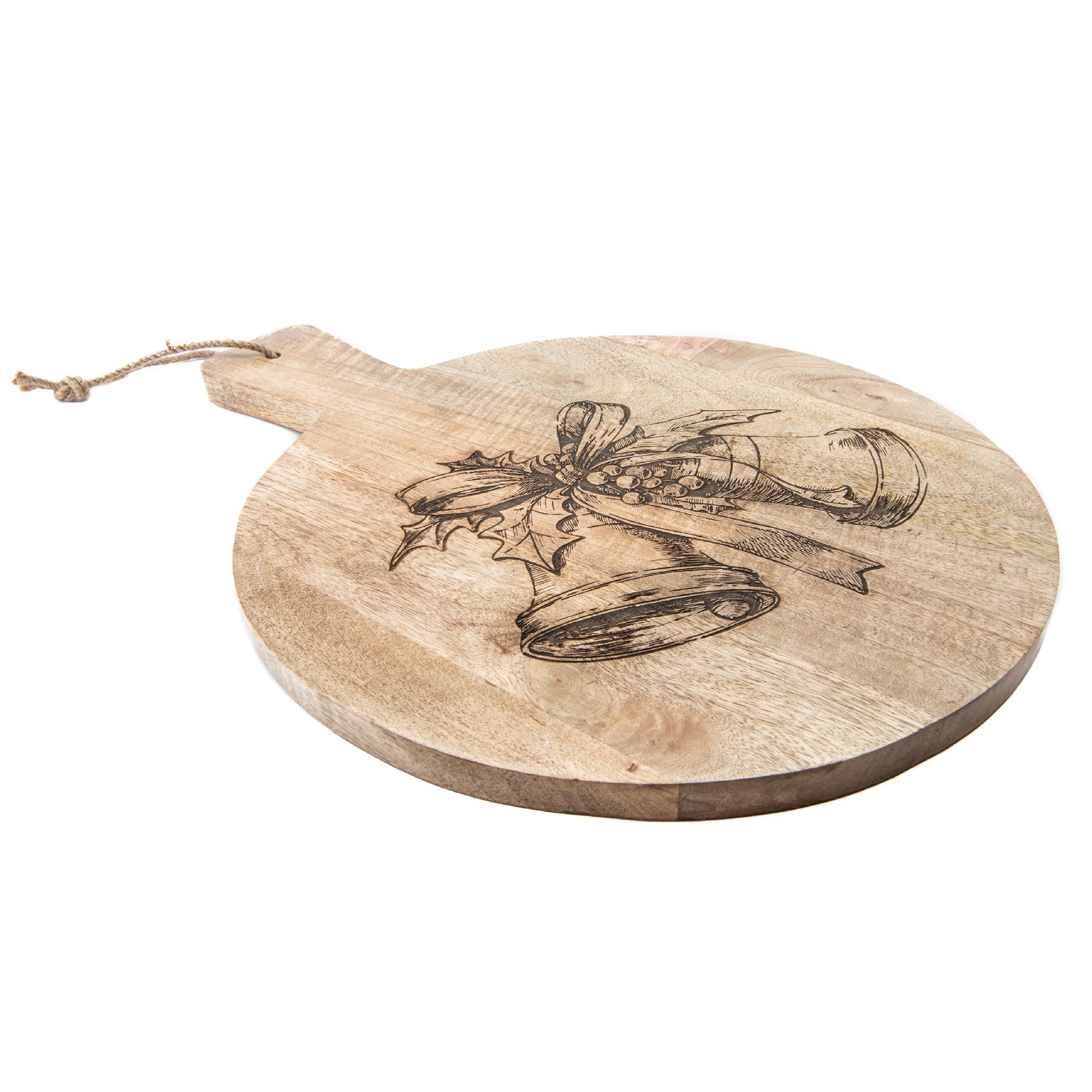 16" Mango Wood Round Etched Cheese Board Bells With Ribbon, Serving Tray, Holiday Decor