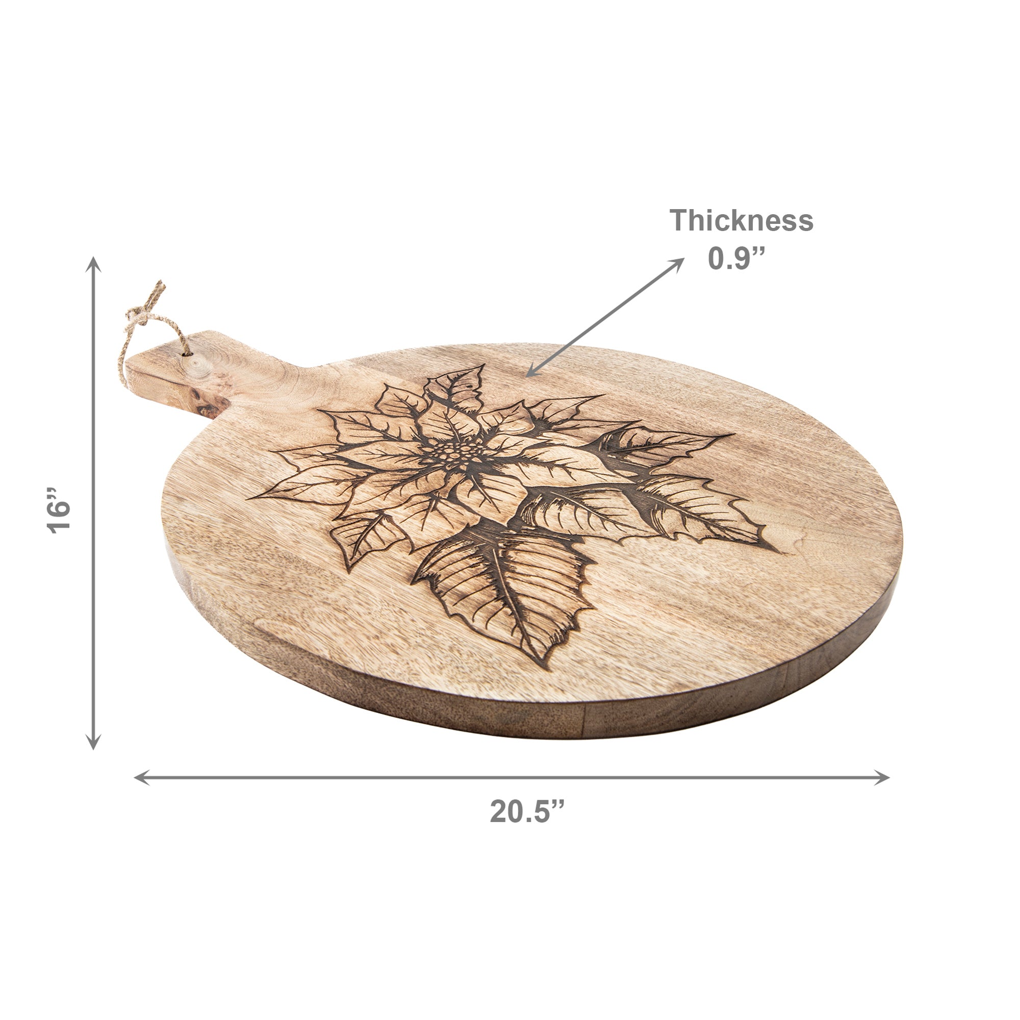 16" Mango Wood Round Etched Cheese Board Poinsettia, Christmas, Serving Tray, Holiday Decor
