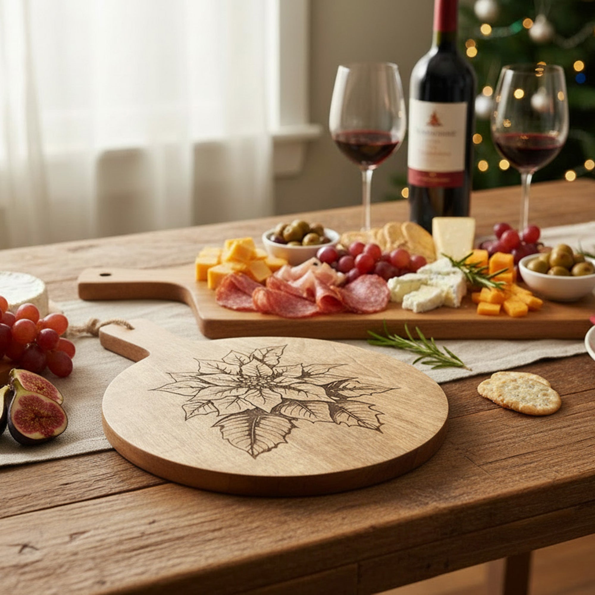 16" Mango Wood Round Etched Cheese Board Poinsettia, Christmas, Serving Tray, Holiday Decor
