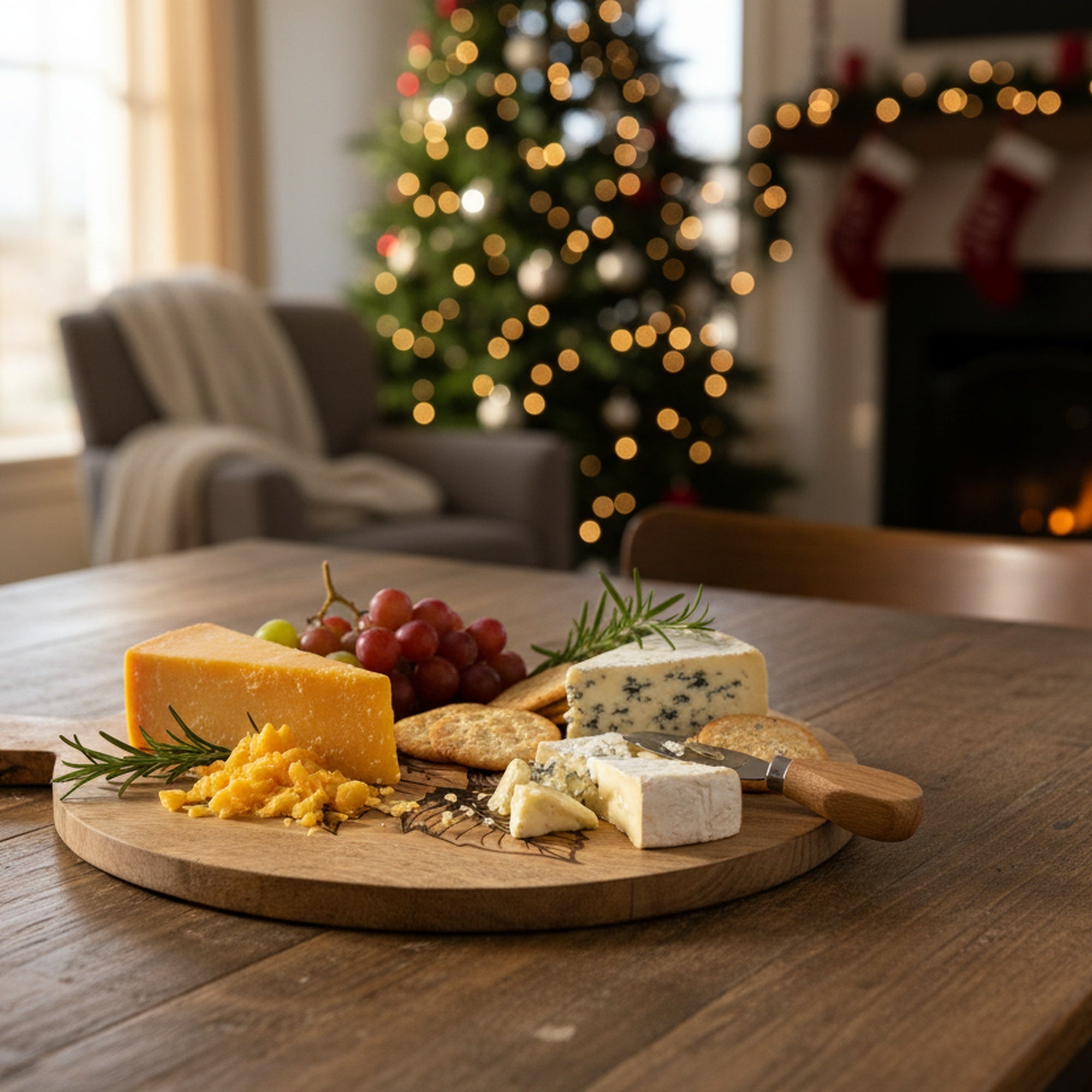 16" Mango Wood Round Etched Cheese Board Poinsettia, Christmas, Serving Tray, Holiday Decor