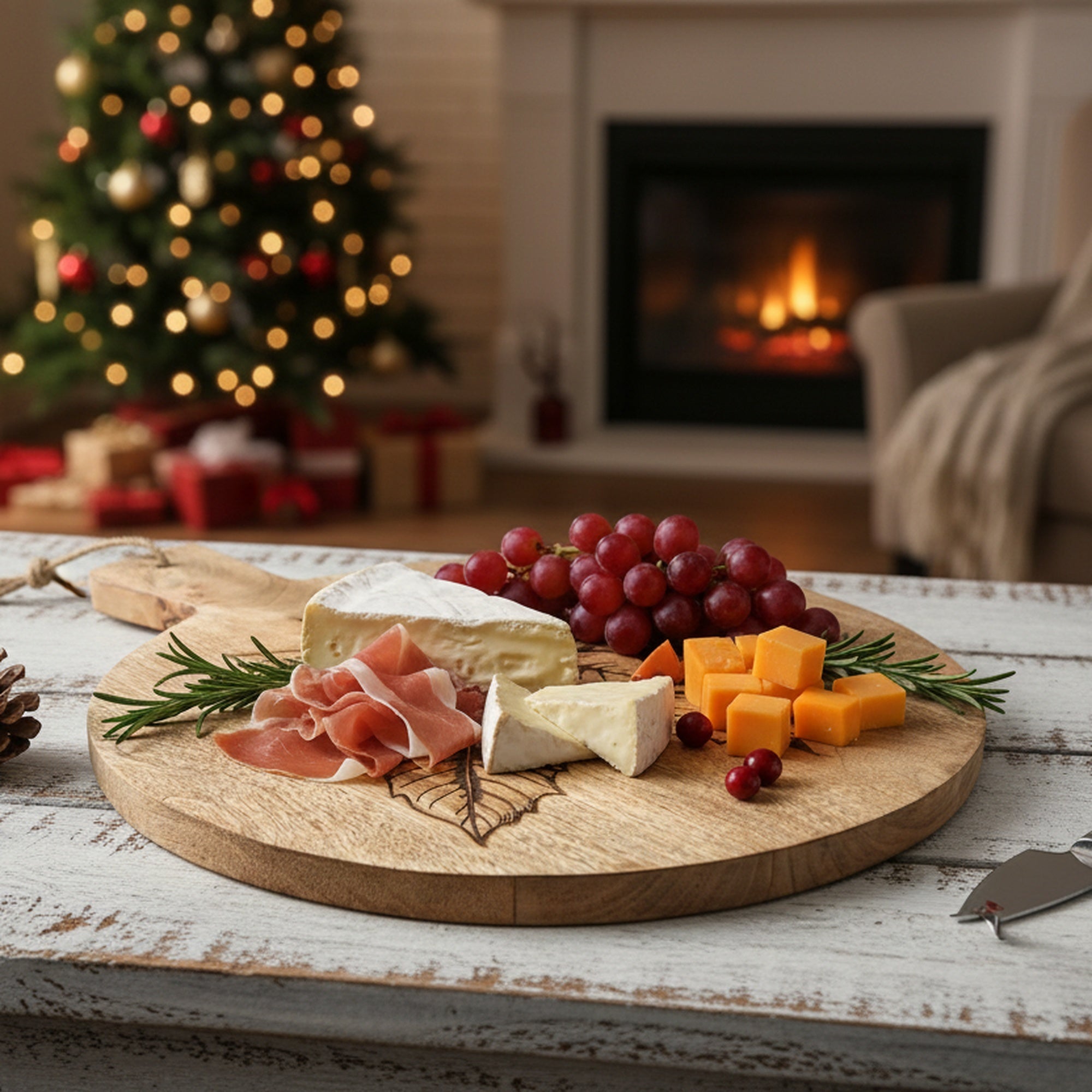 16" Mango Wood Round Etched Cheese Board Poinsettia, Christmas, Serving Tray, Holiday Decor