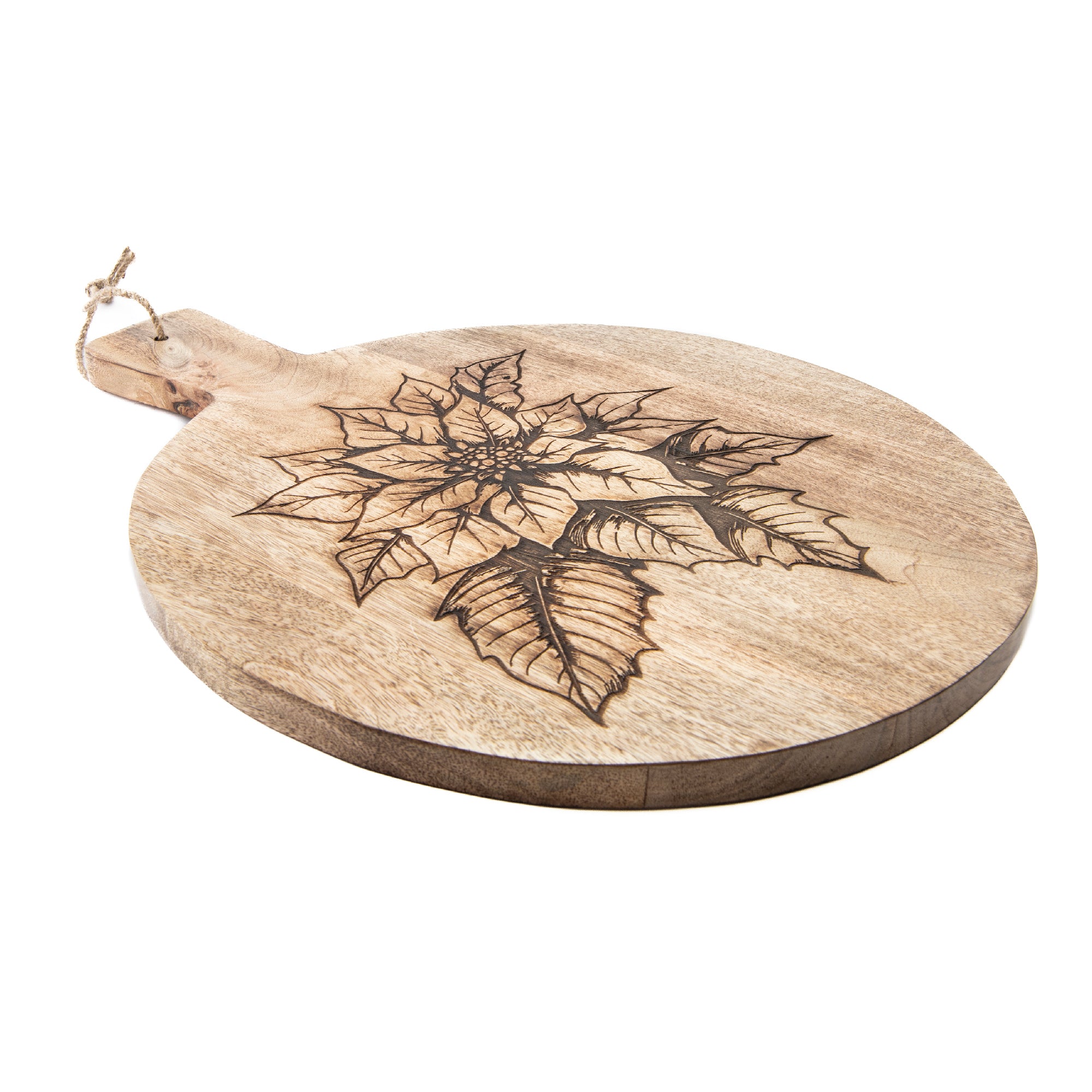 16" Mango Wood Round Etched Cheese Board Poinsettia, Christmas, Serving Tray, Holiday Decor