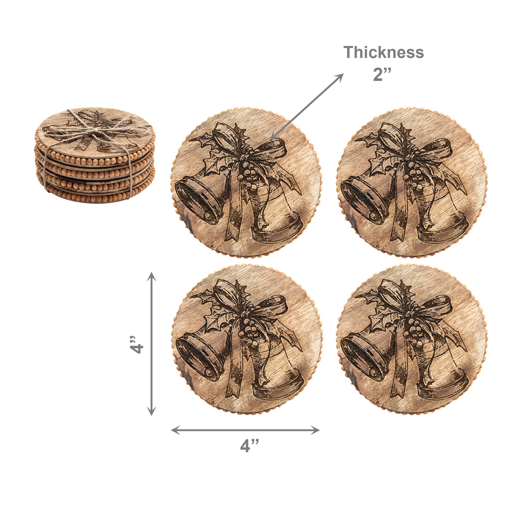 Beaded Round Etched Coasters Bells With Ribbon Set of 4, Holiday Decor