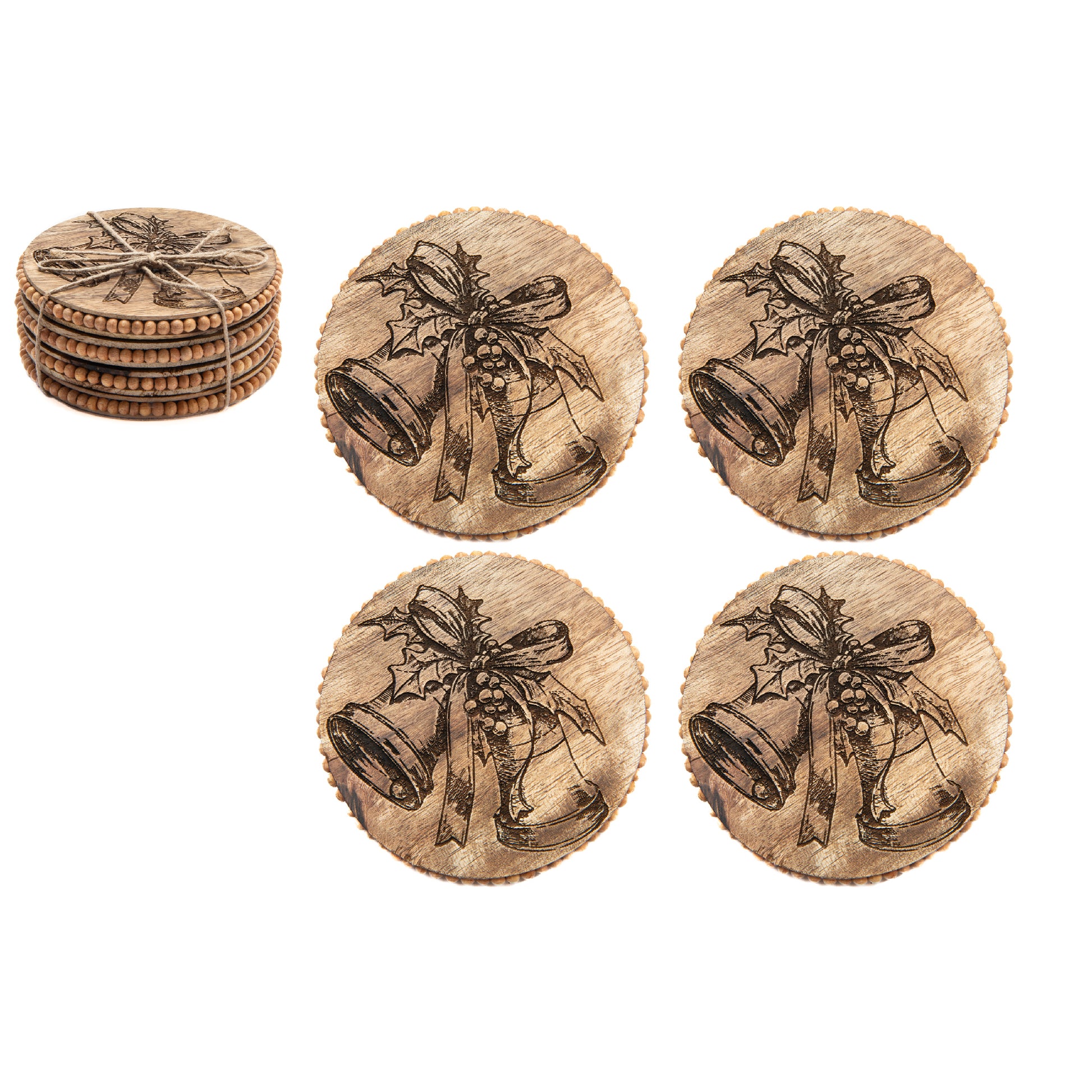 Beaded Round Etched Coasters Bells With Ribbon Set of 4, Holiday Decor