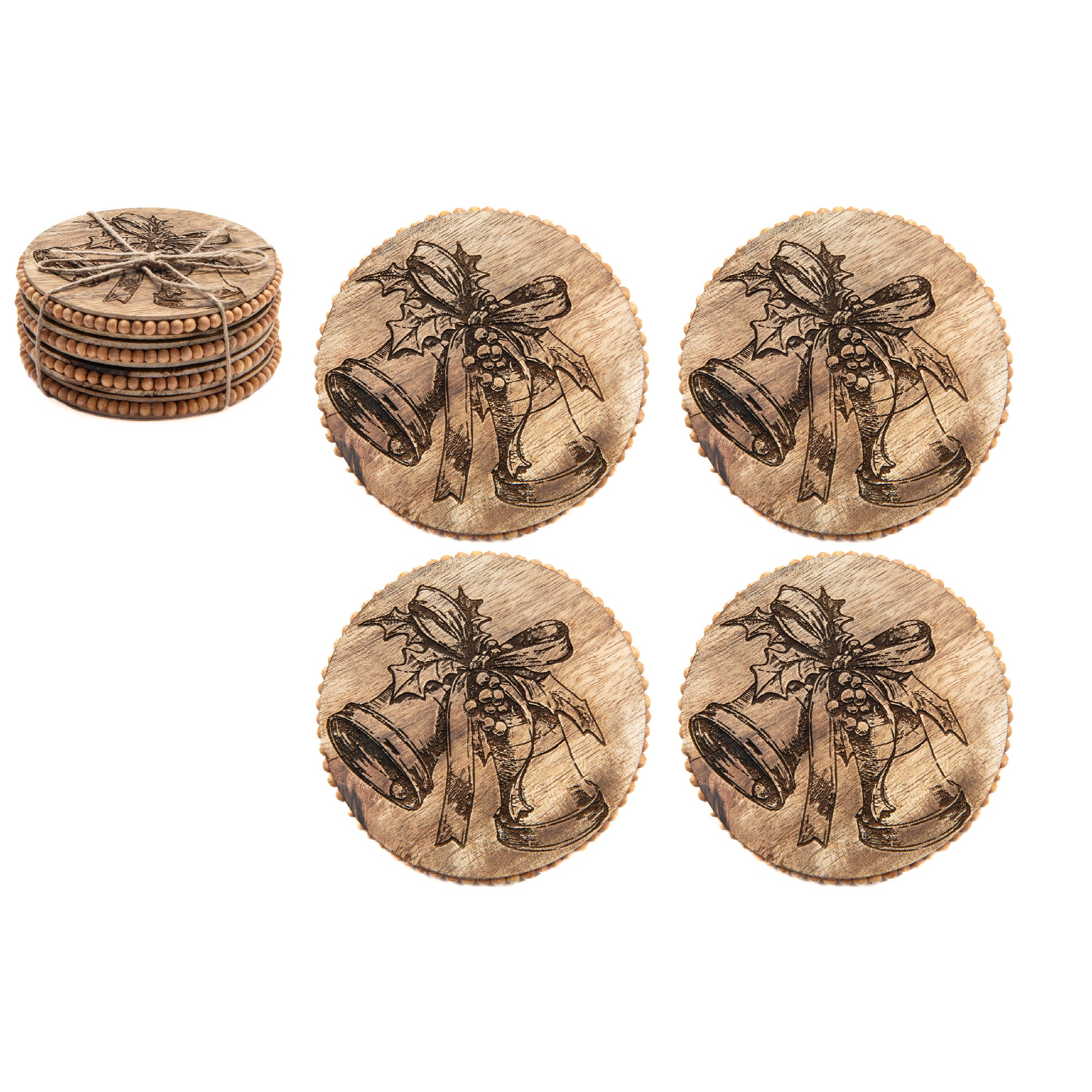 Beaded Round Etched Coasters Bells With Ribbon Set of 4, Holiday Decor
