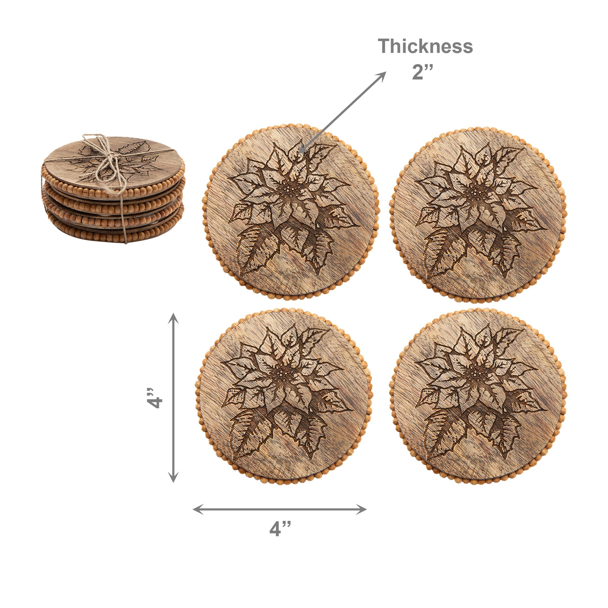 Beaded Round Etched Coasters Poinsettia Set of 4, Christmas, Holiday Decor