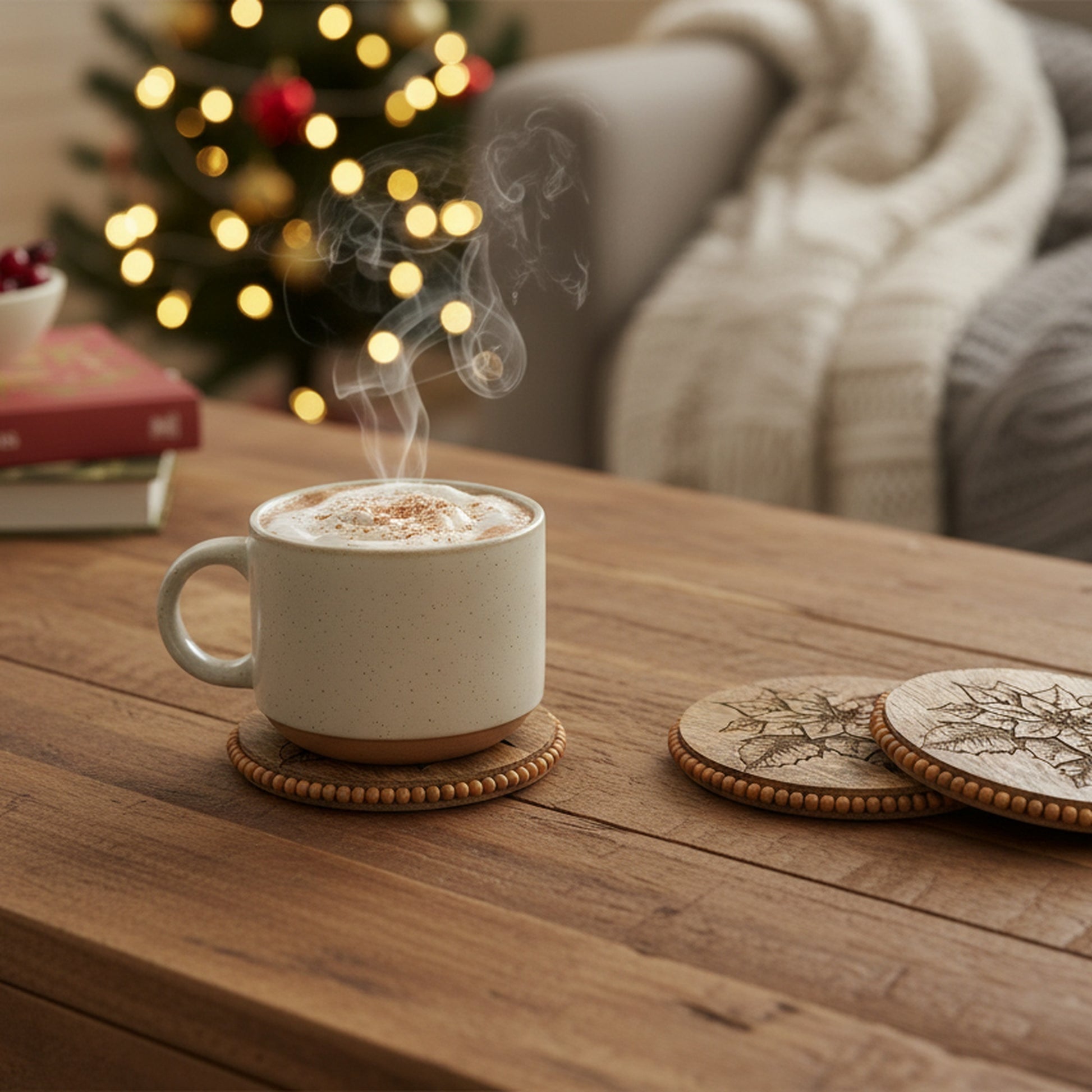 Beaded Round Etched Coasters Poinsettia Set of 4, Christmas, Holiday Decor