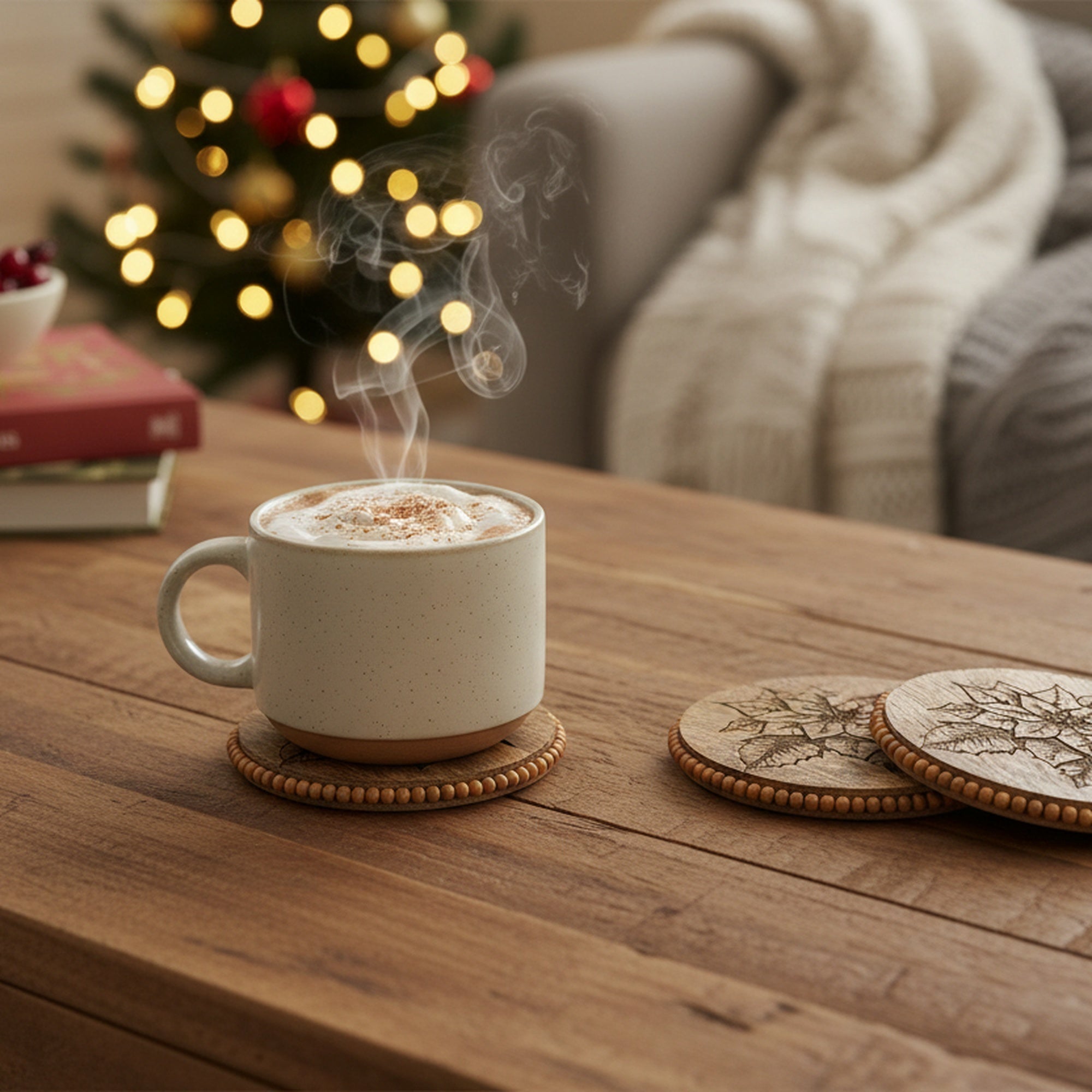 Beaded Round Etched Coasters Poinsettia Set of 4, Christmas, Holiday Decor
