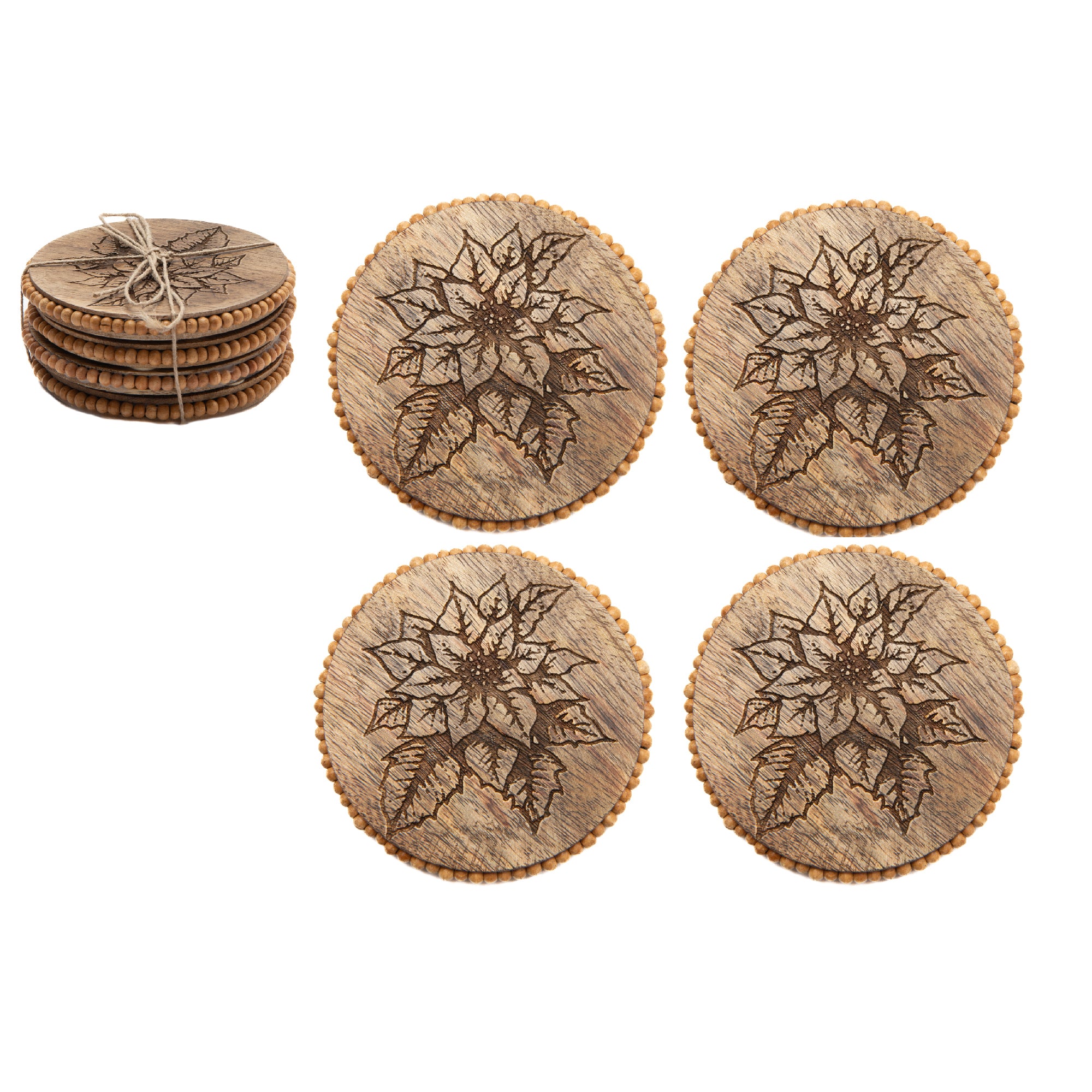Beaded Round Etched Coasters Poinsettia Set of 4, Christmas, Holiday Decor
