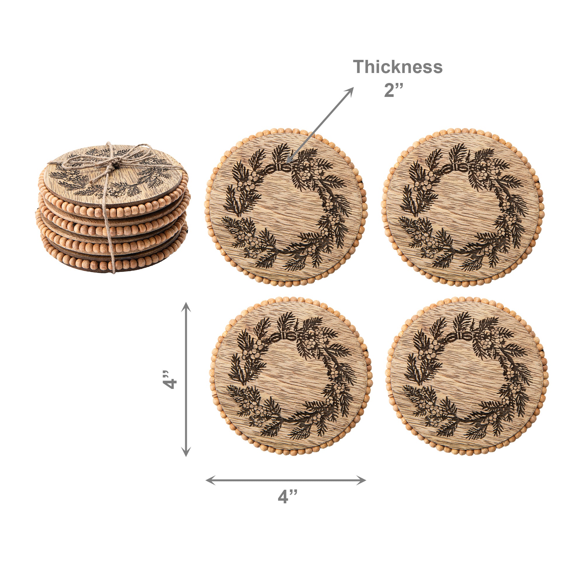 Set of 4 Beaded Round Wreath Etched Coasters, Wreath, Holiday Decor