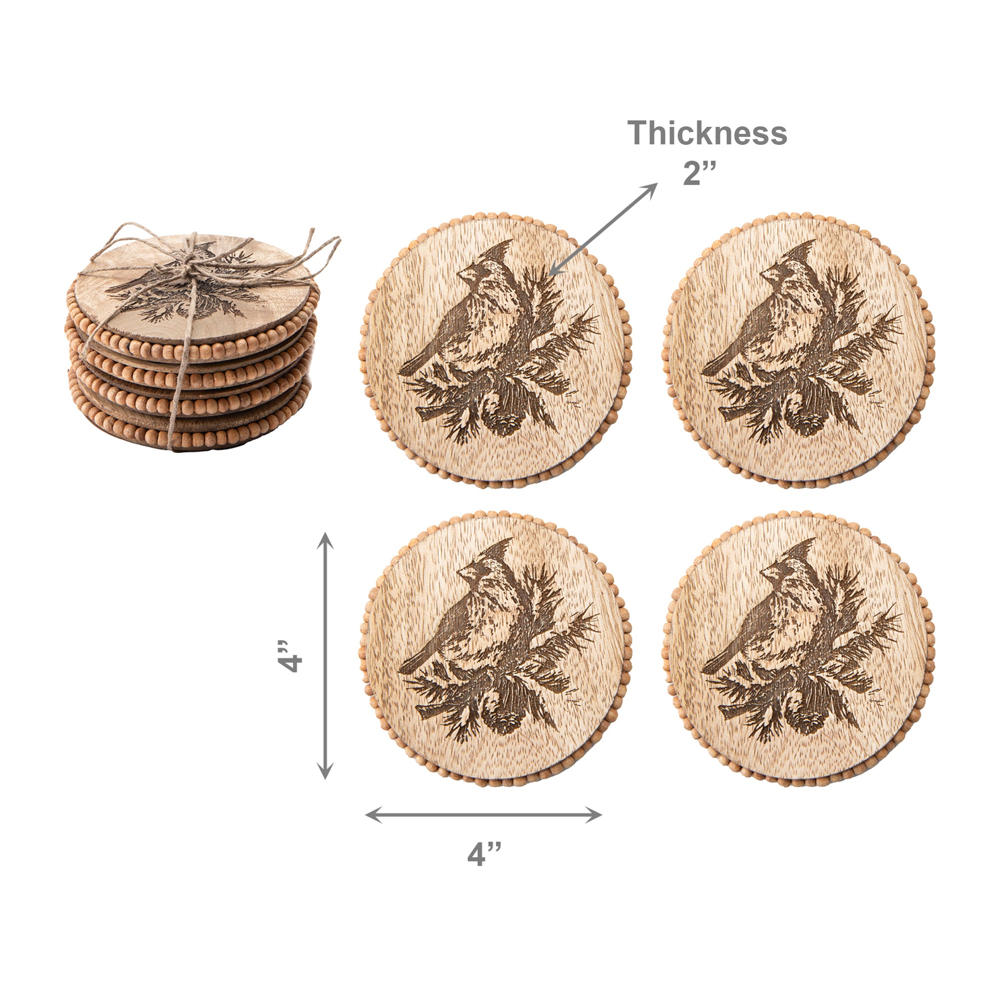 Set of 4 Beaded Round Cardinal Etched Coasters, Christmas, Holiday Decor