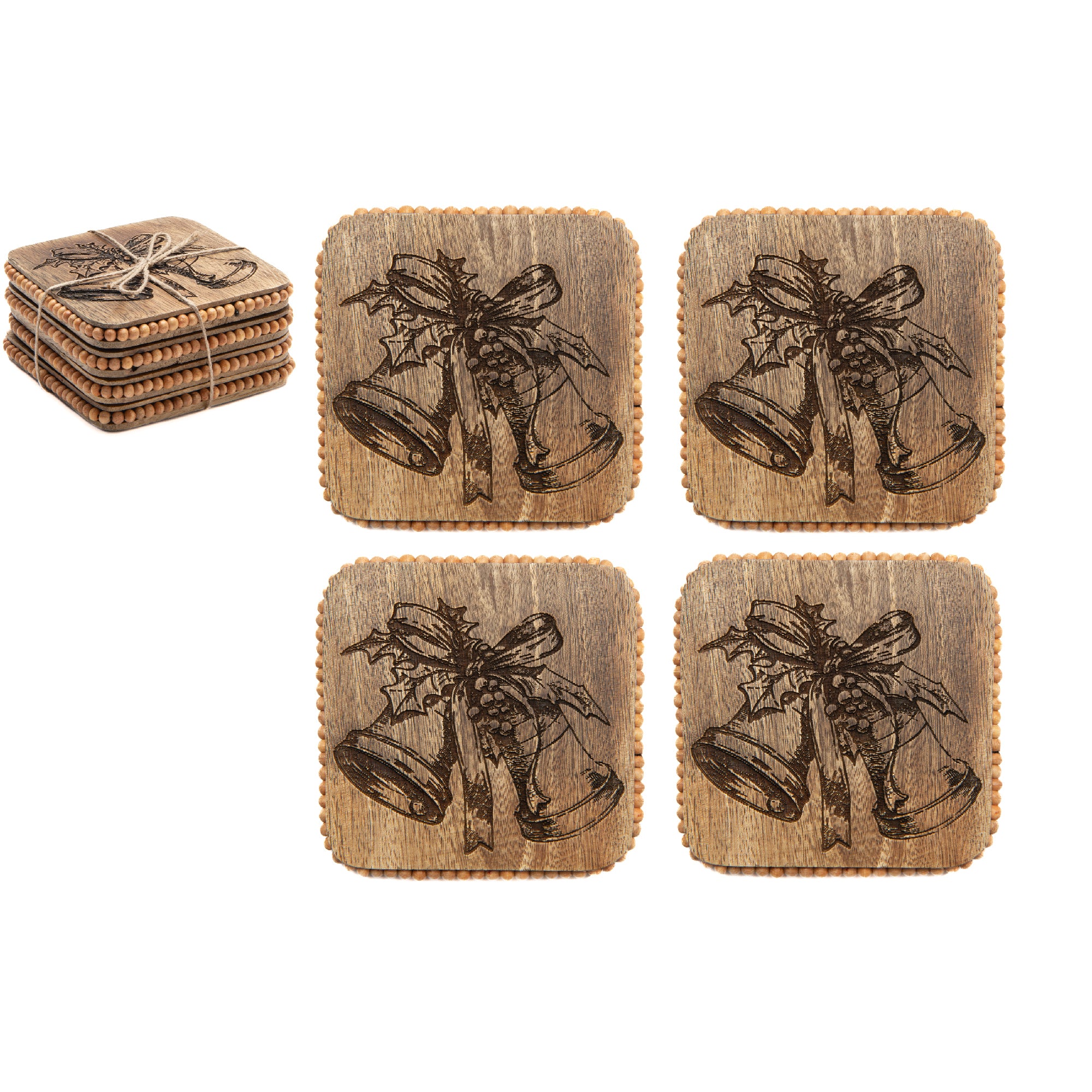 Beaded Square Etched Coasters Bells With Ribbon Set of 4, Holiday Decor