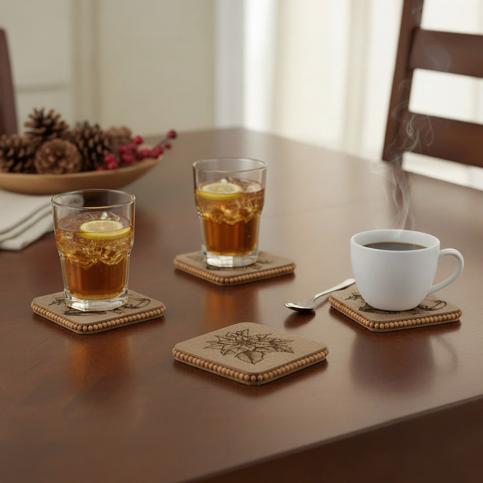 Beaded Square Etched Coasters Poinsettia Set of 4, Christmas, Holiday Decor