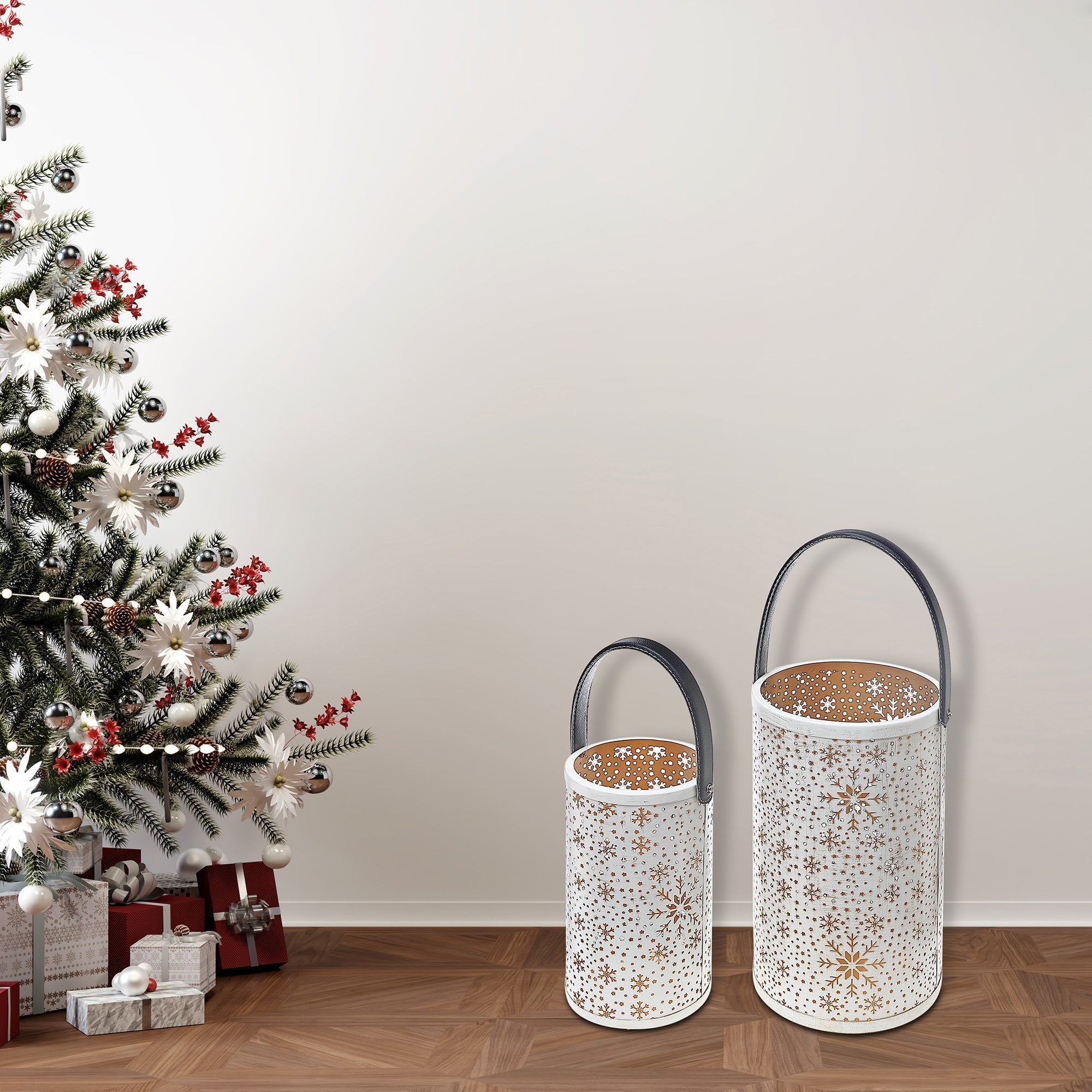 Christmas Metal Cutout Lantern Set Of 2 Snowflake, Holiday Candle Holder, Festive Home Decor