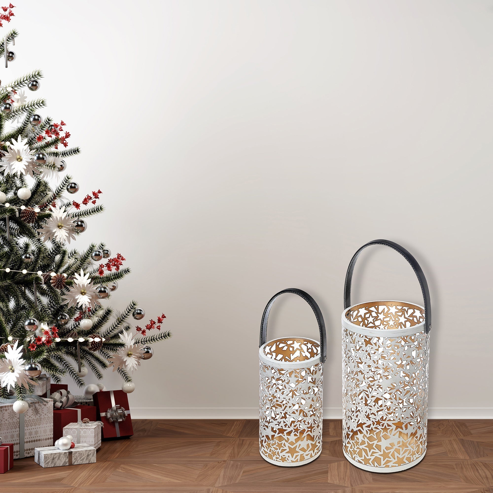 Christmas Metal Cutout Lantern Set Of 2 Star, Holiday Candle Holder, Festive Home Decor