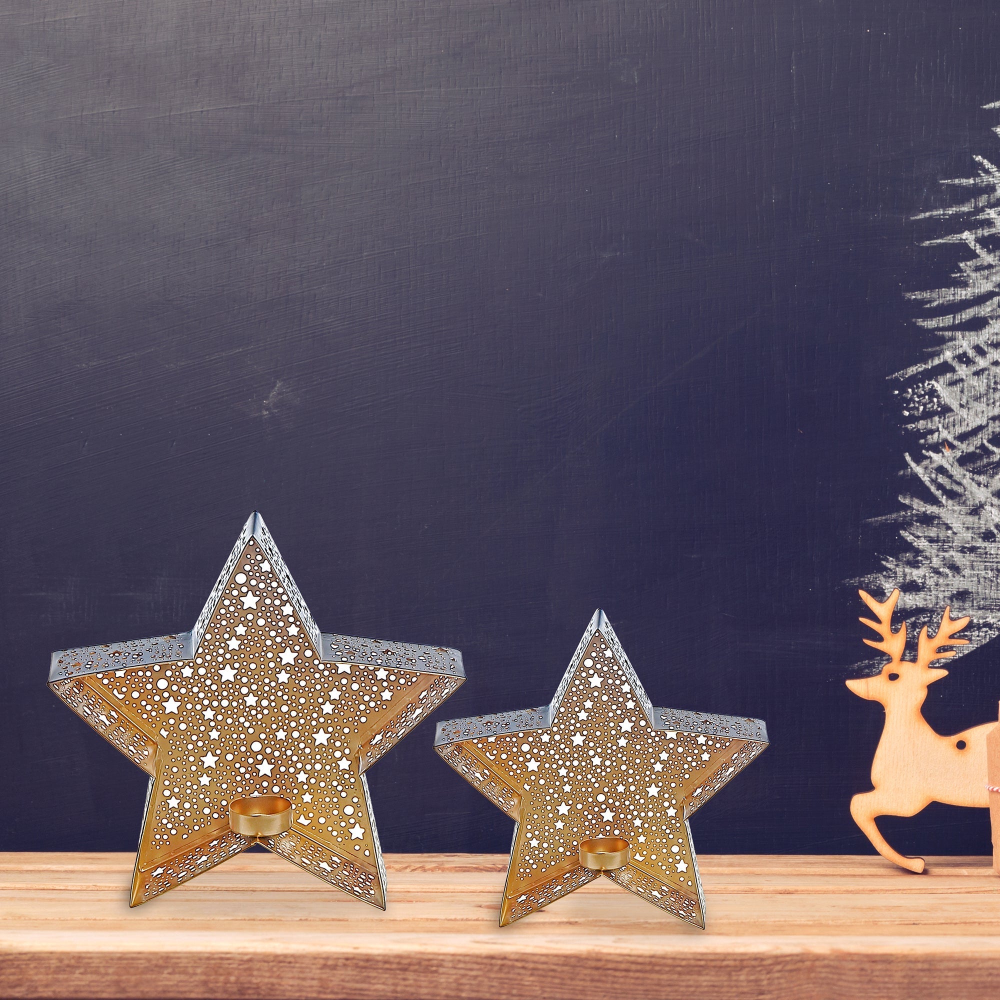 Metal Cutout Black Star Tealight Holder Set Of 2, Star Candle Holder, Rustic Candle Decor, Christmas Tabletop Decor