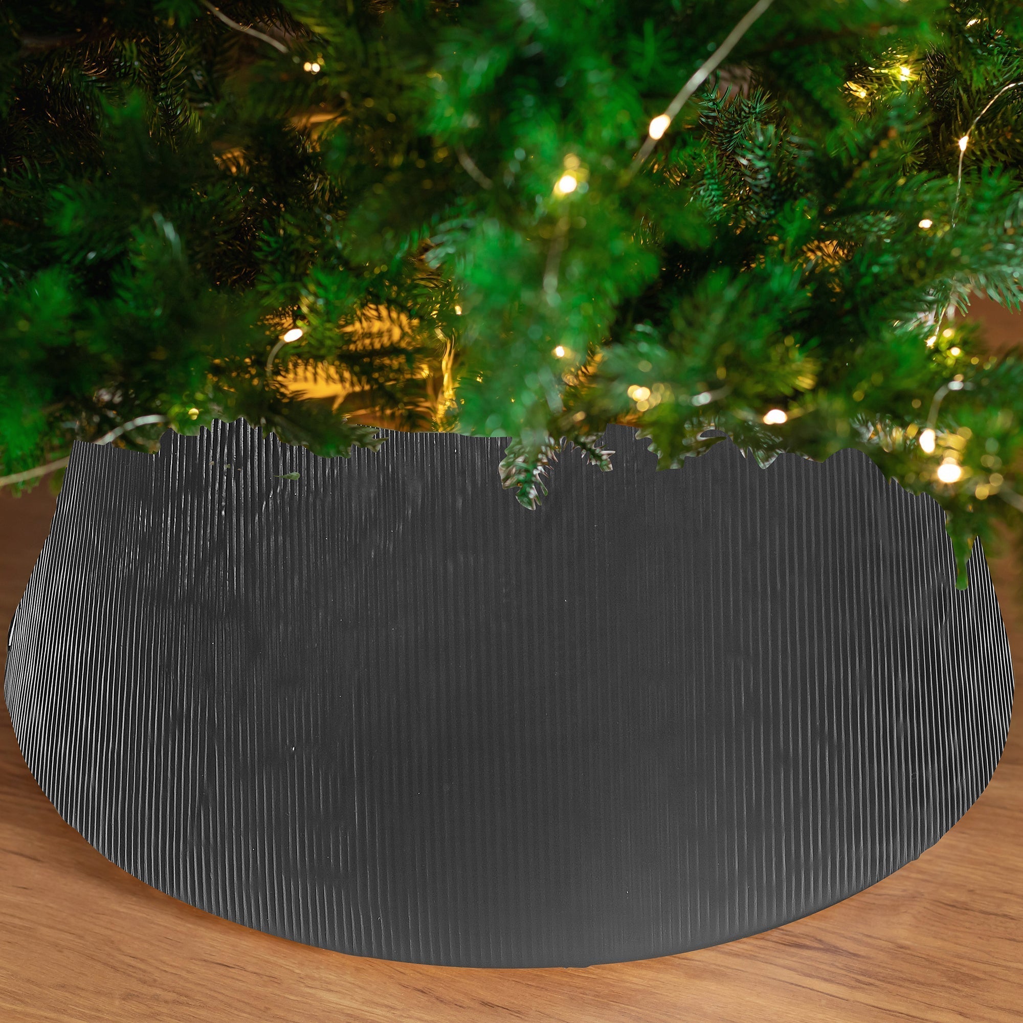 Black Metal Christmas Tree Collar with Stripe – Tree Base Cover, Holiday Decor