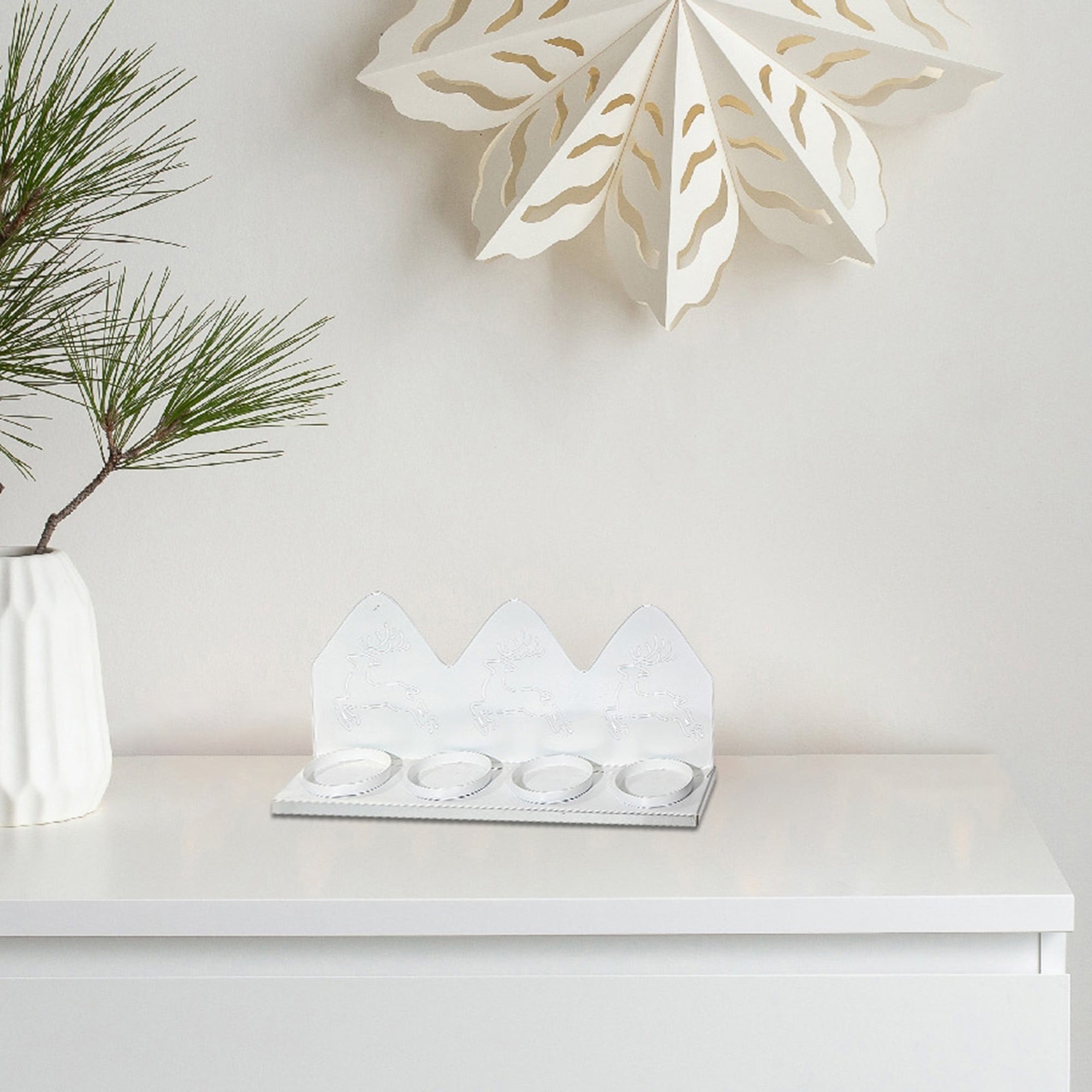 White Metal Running Deer with Four Tealight Candle Holder, Christmas Decor, Holiday Table Centerpiece, Festive Accent
