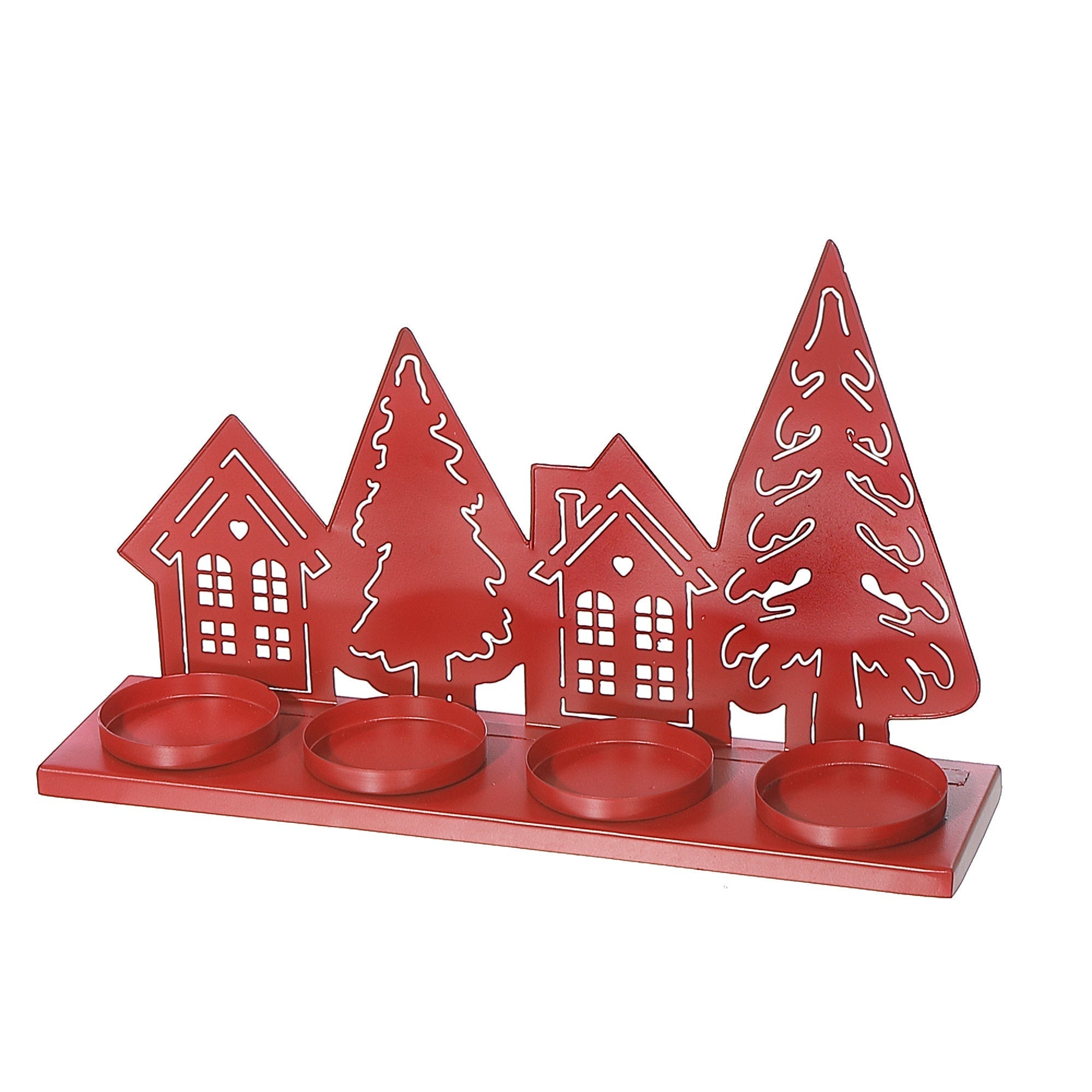 Red Metal Tree and House with Four Tealight Candle Holder, Christmas Decor, Holiday Table Centerpiece, Festive Accent