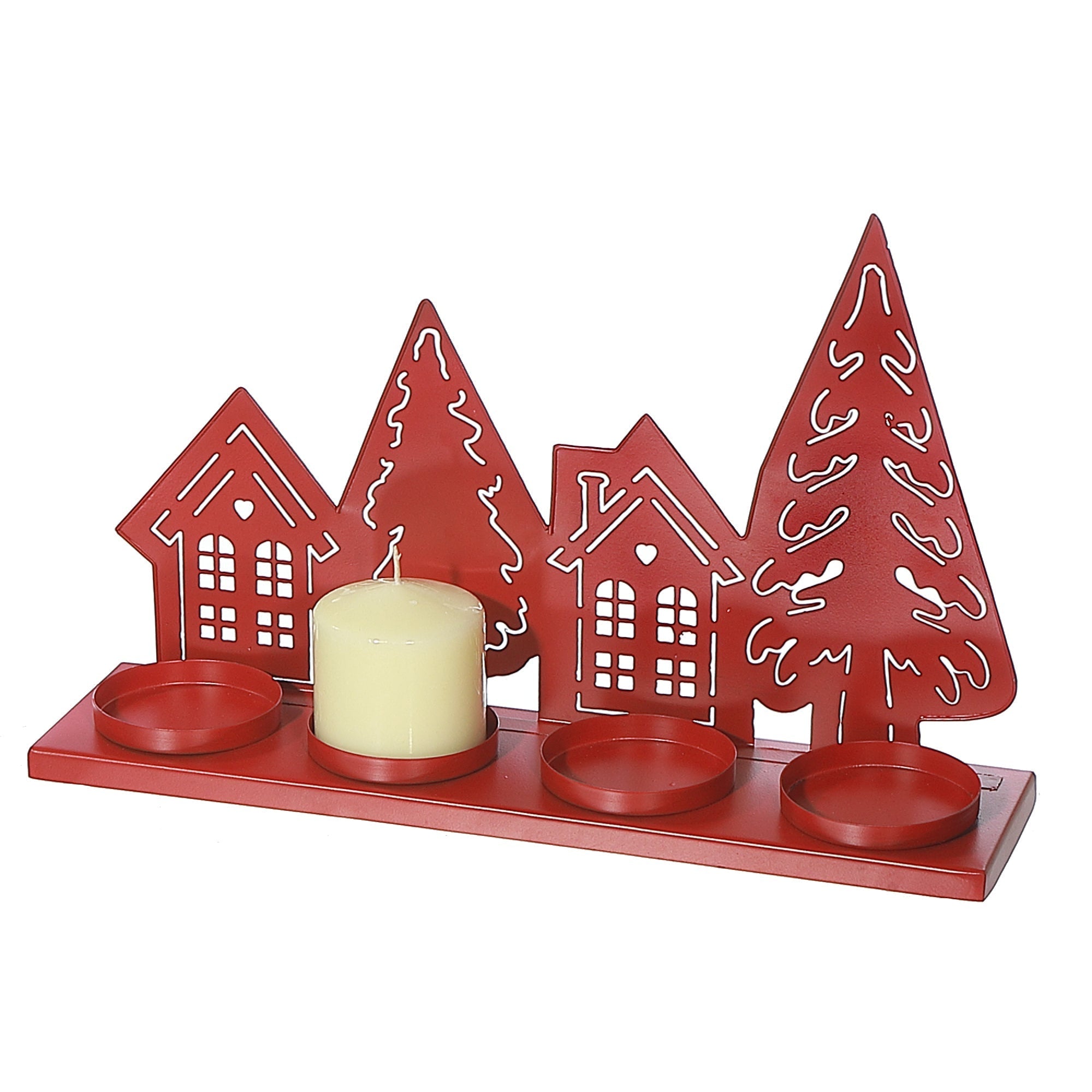 Red Metal Tree and House with Four Tealight Candle Holder, Christmas Decor, Holiday Table Centerpiece, Festive Accent