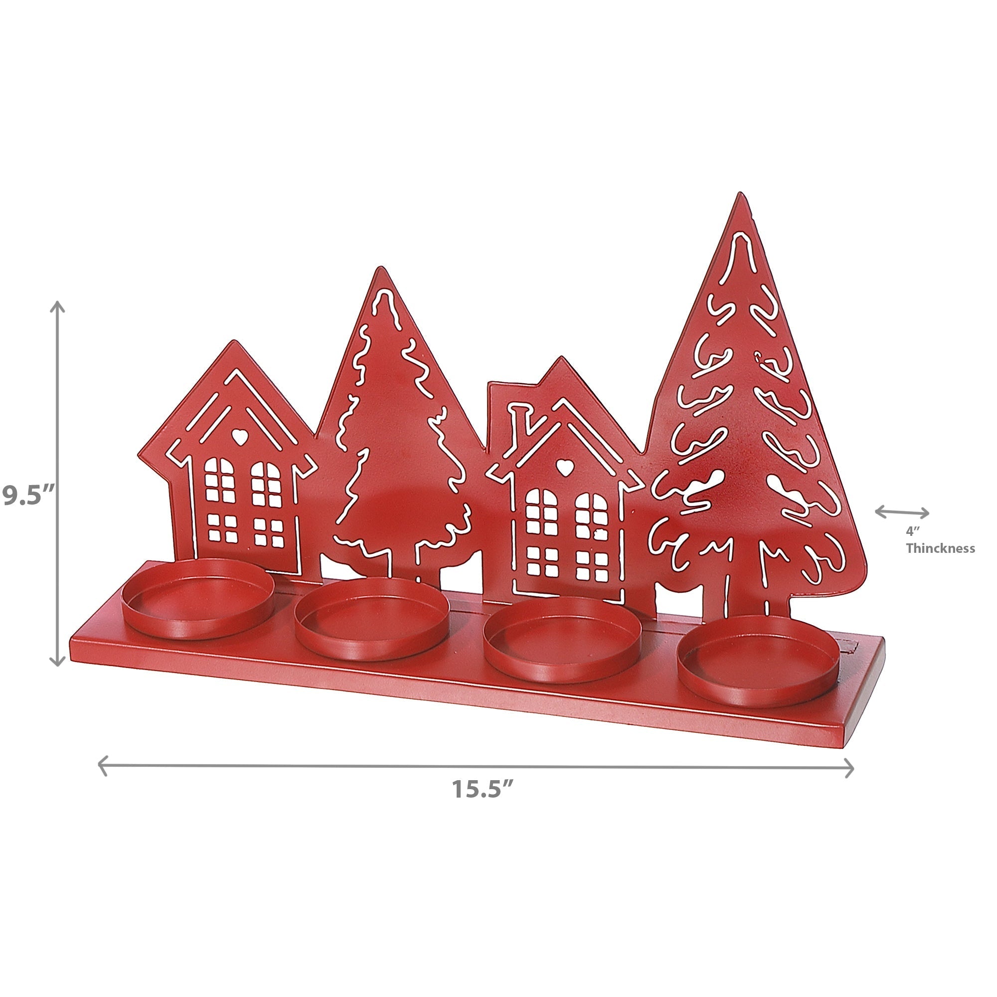Red Metal Tree and House with Four Tealight Candle Holder, Christmas Decor, Holiday Table Centerpiece, Festive Accent