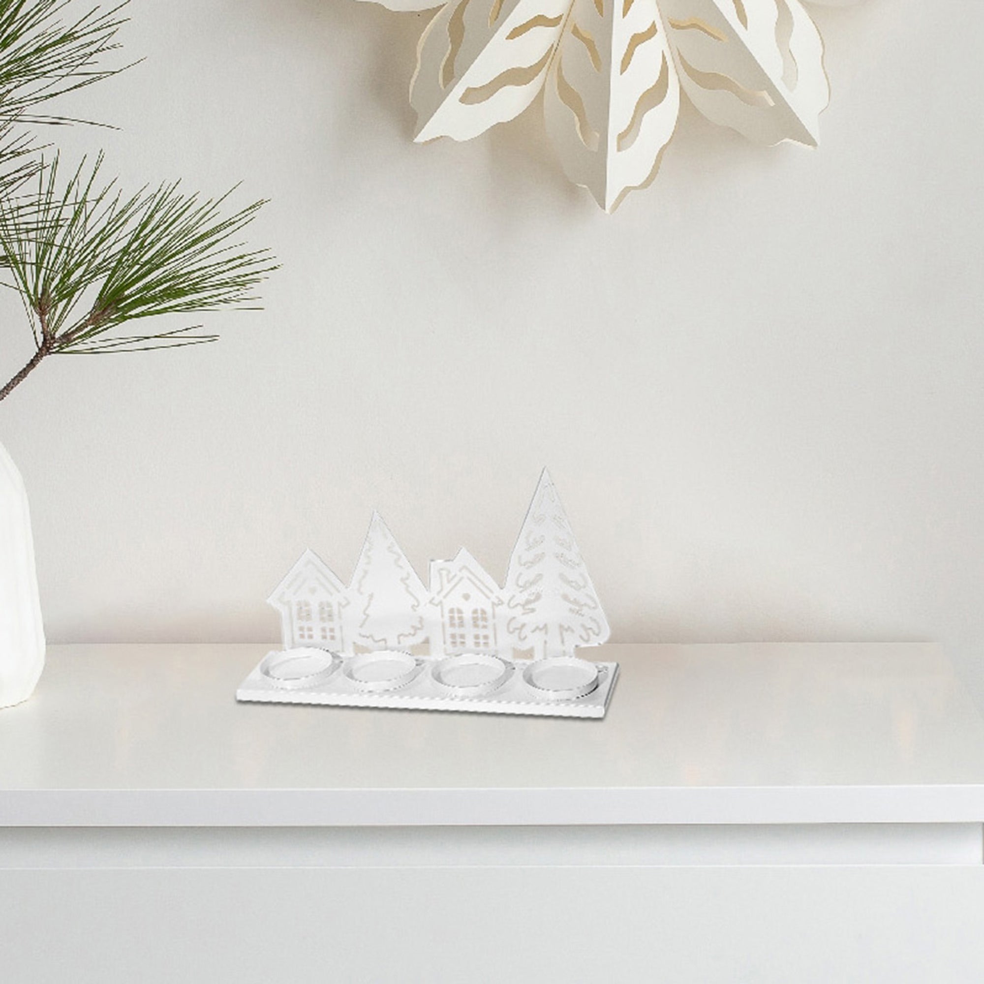 White Metal Tree and House with Four Tealight Candle Holder, Christmas Decor, Holiday Table Centerpiece, Festive Accent