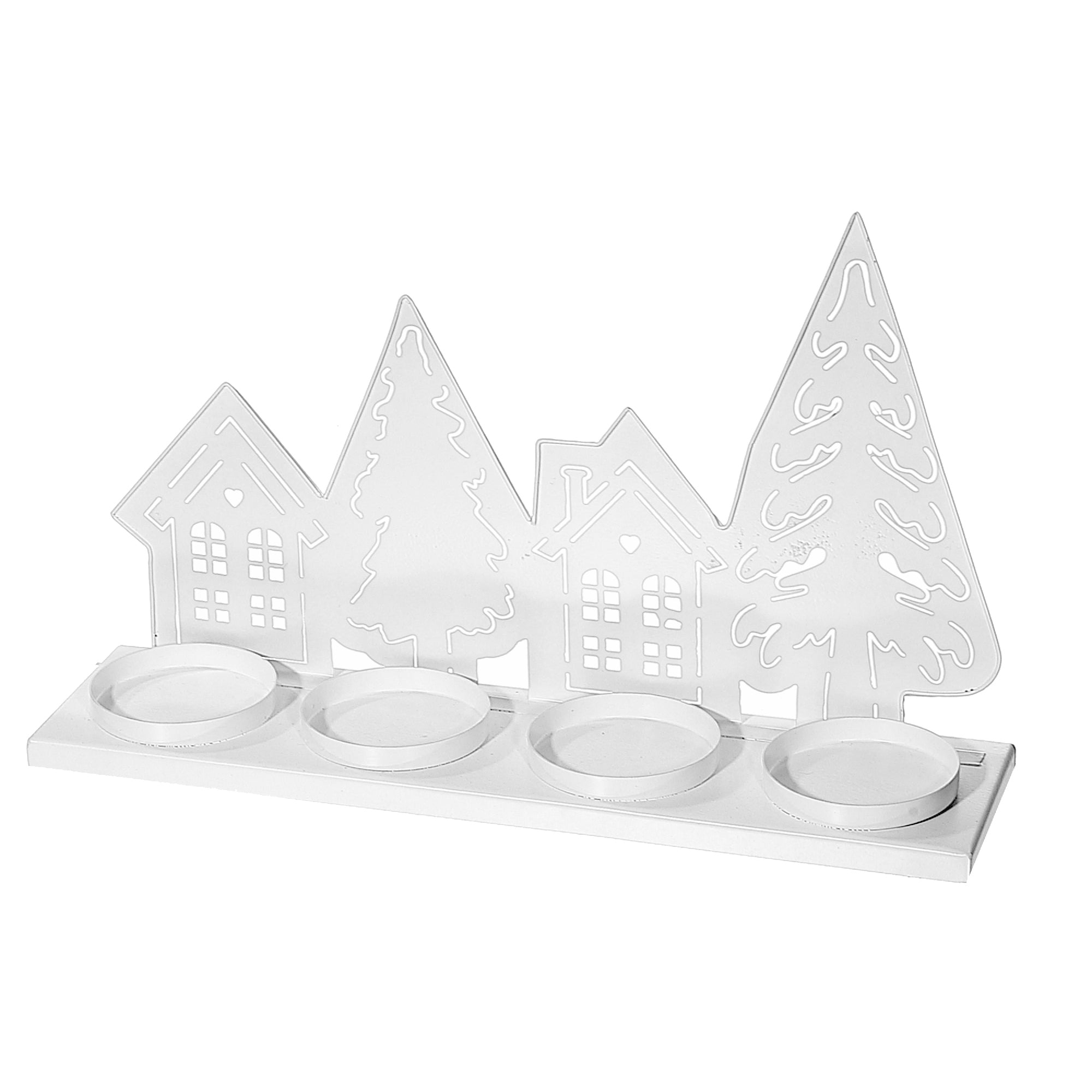 White Metal Tree and House with Four Tealight Candle Holder, Christmas Decor, Holiday Table Centerpiece, Festive Accent