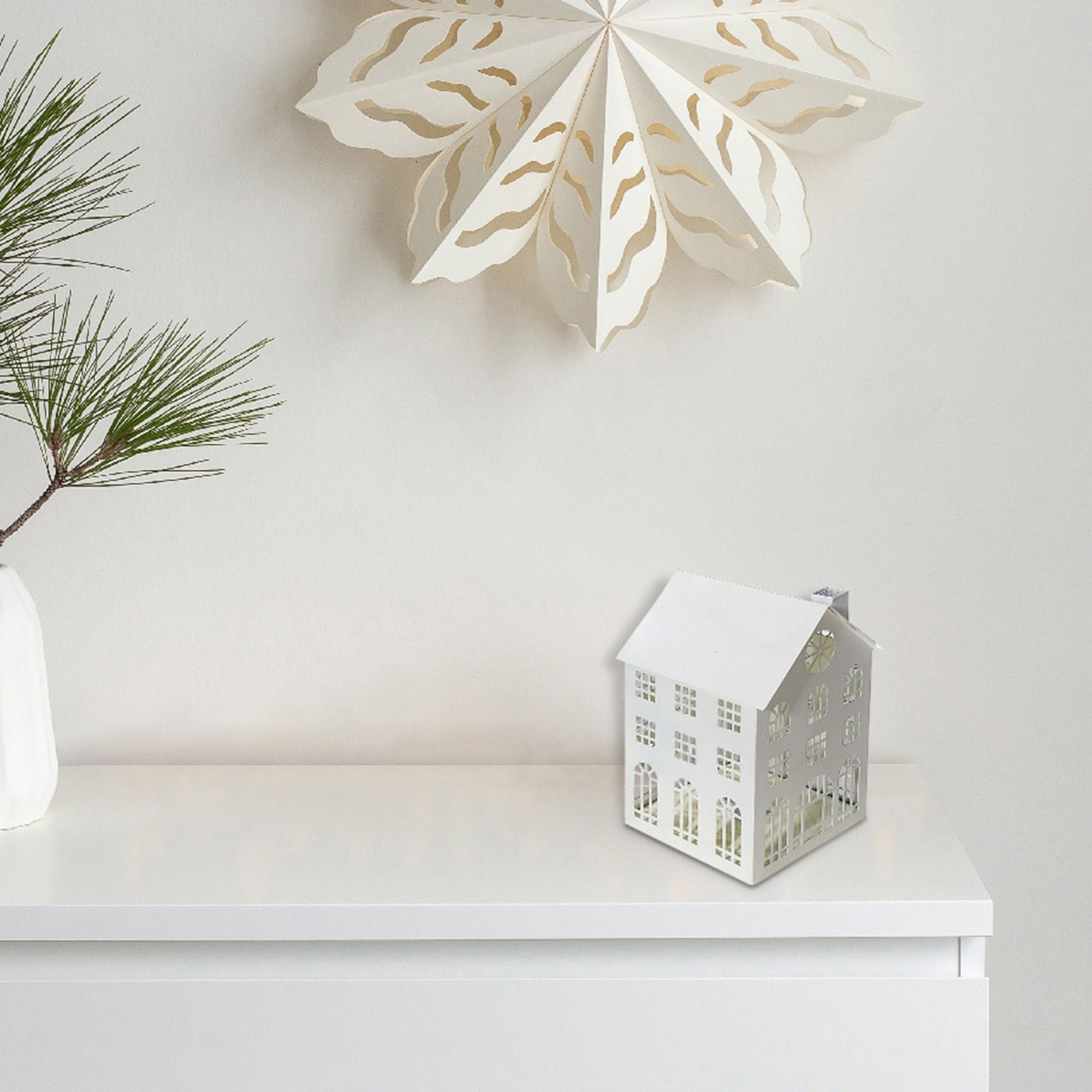 Medium White Metal House Tealight Holder, Christmas Decor, Holiday Candle Holder, Festive Table Accent