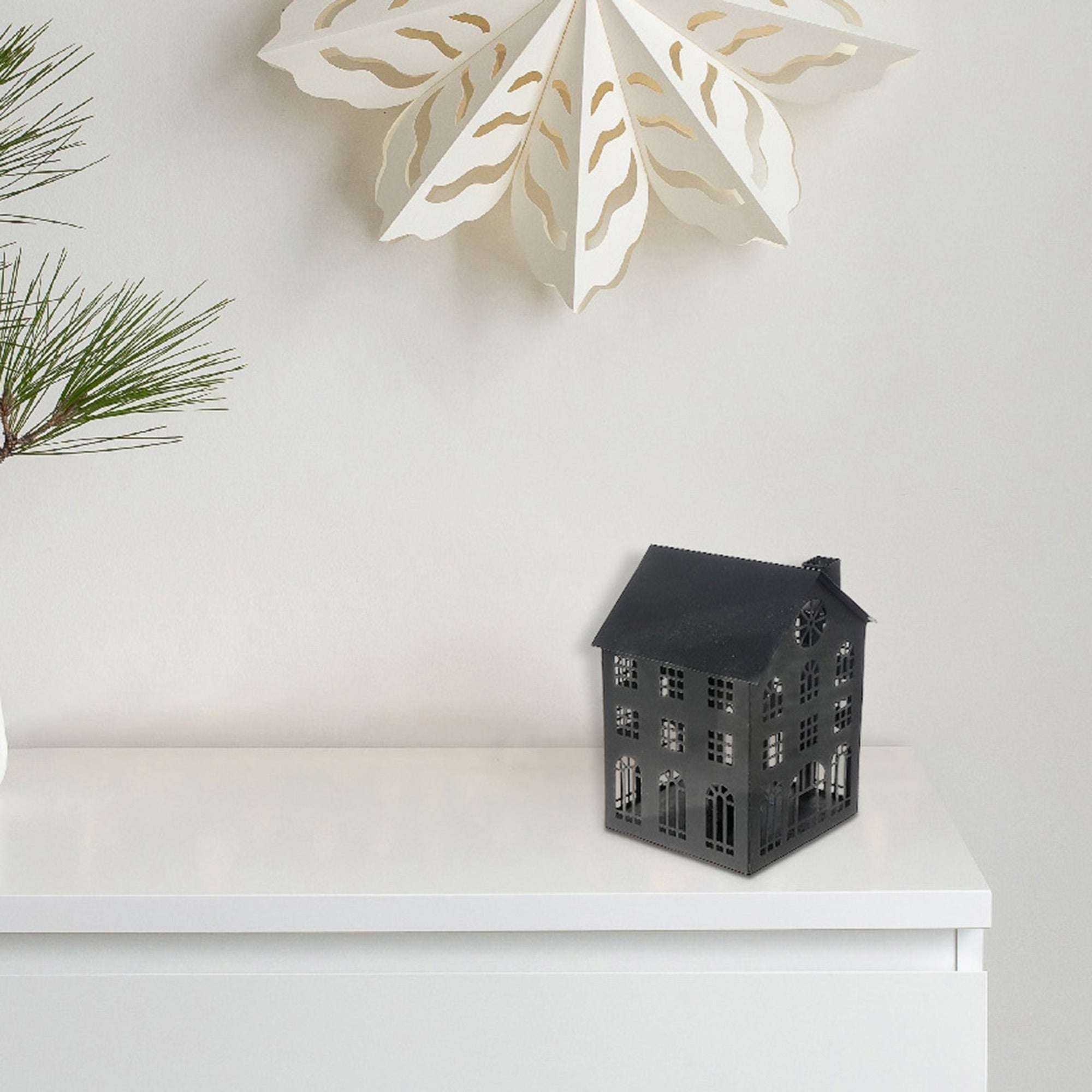 Large Black Metal House Tealight Holder, Christmas Decor, Holiday Candle Accent, Festive Table Decor