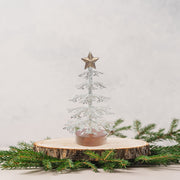 Small White Snowflake Christmas Tree with Acacia Base – Holiday Tabletop Decor, Winter Decoration