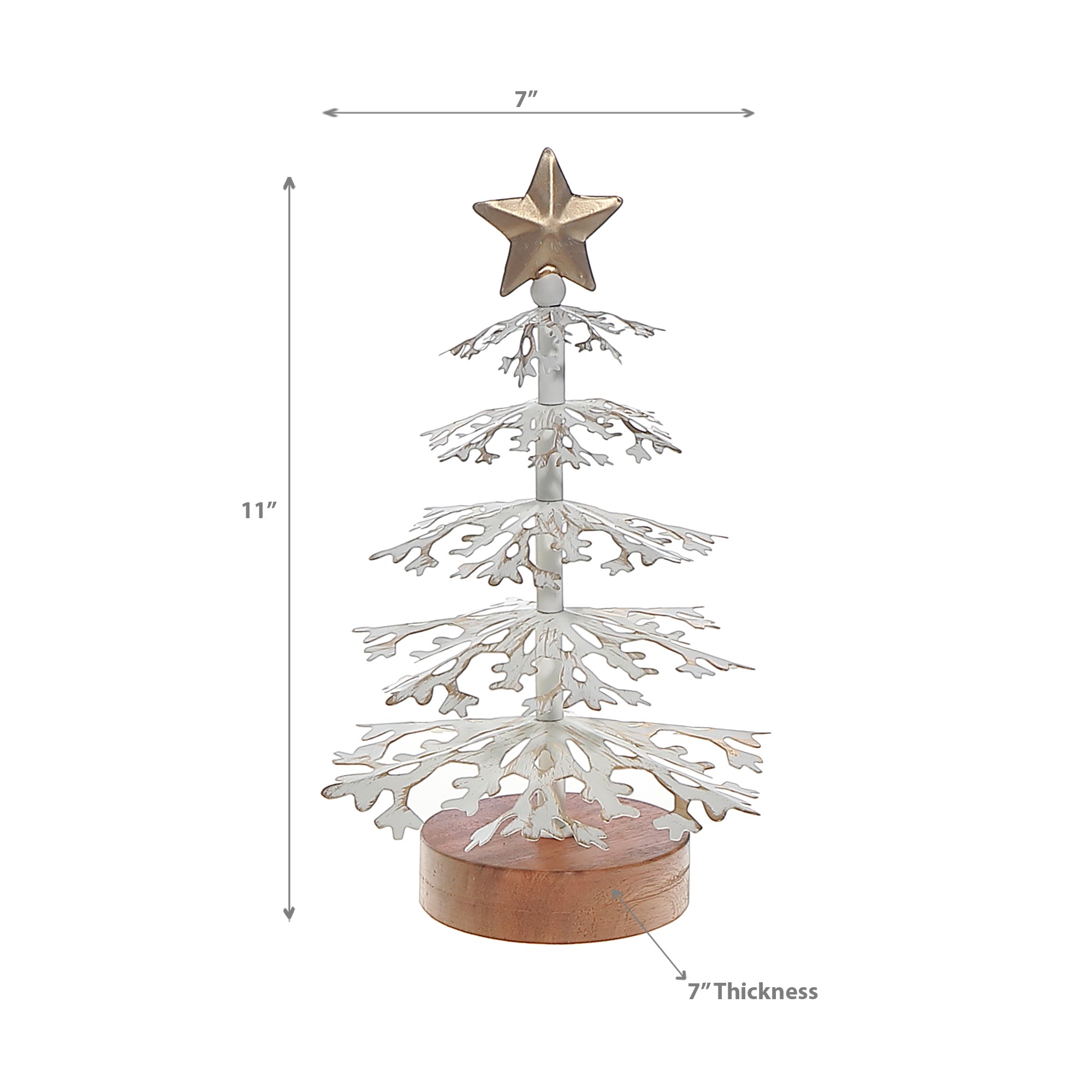 Small White Snowflake Christmas Tree with Acacia Base – Holiday Tabletop Decor, Winter Decoration