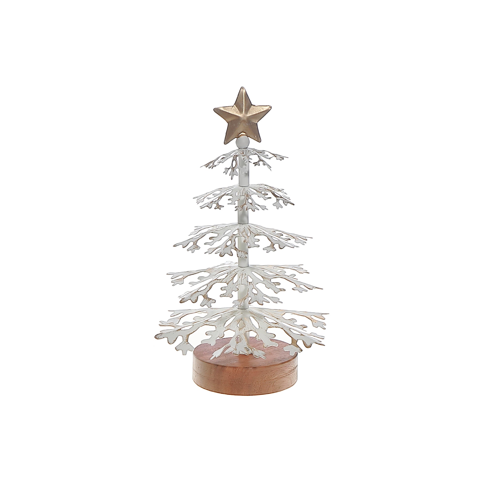 Small White Snowflake Christmas Tree with Acacia Base – Holiday Tabletop Decor, Winter Decoration