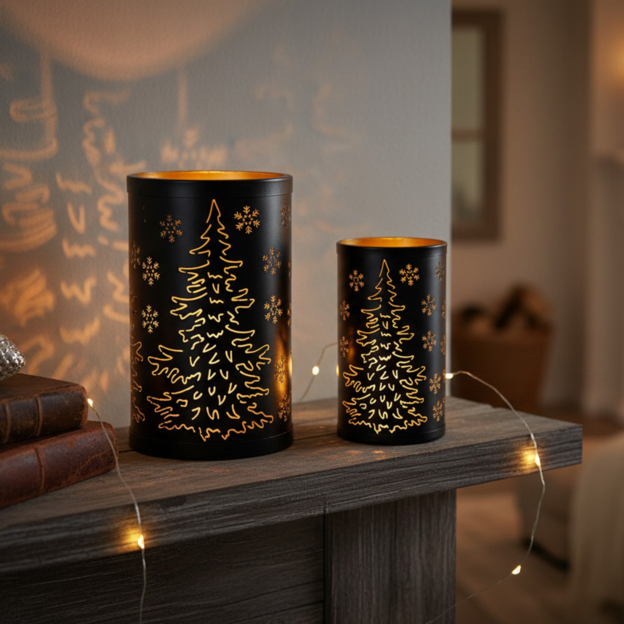 2 Piece Set of Metal Cutout Lantern Tree and Snowflakes, Christmas, Lantern, Holiday Decor