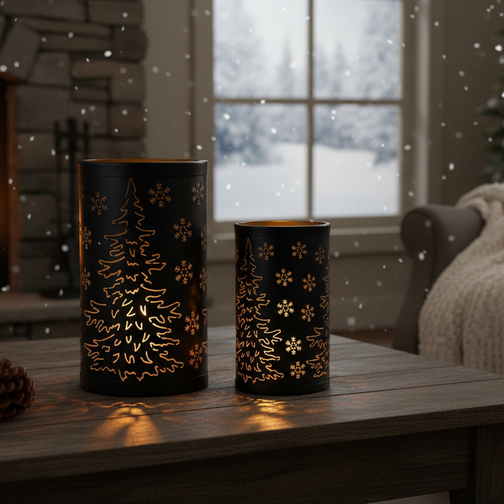 2 Piece Set of Metal Cutout Lantern Tree and Snowflakes, Christmas, Lantern, Holiday Decor